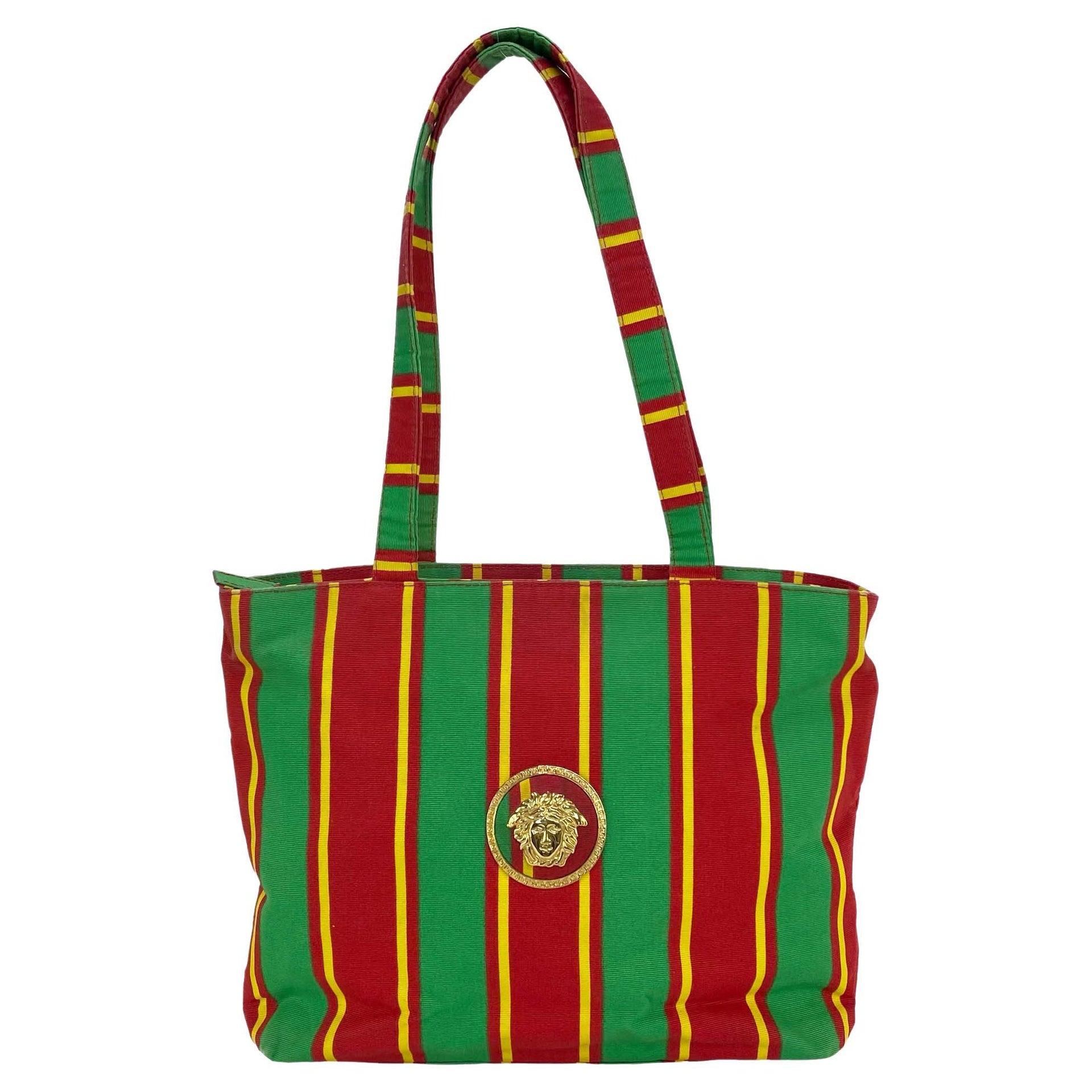 S/S 1993 Gianni Versace Couture Stripped Medusa Medallion Canvas Tote Runway