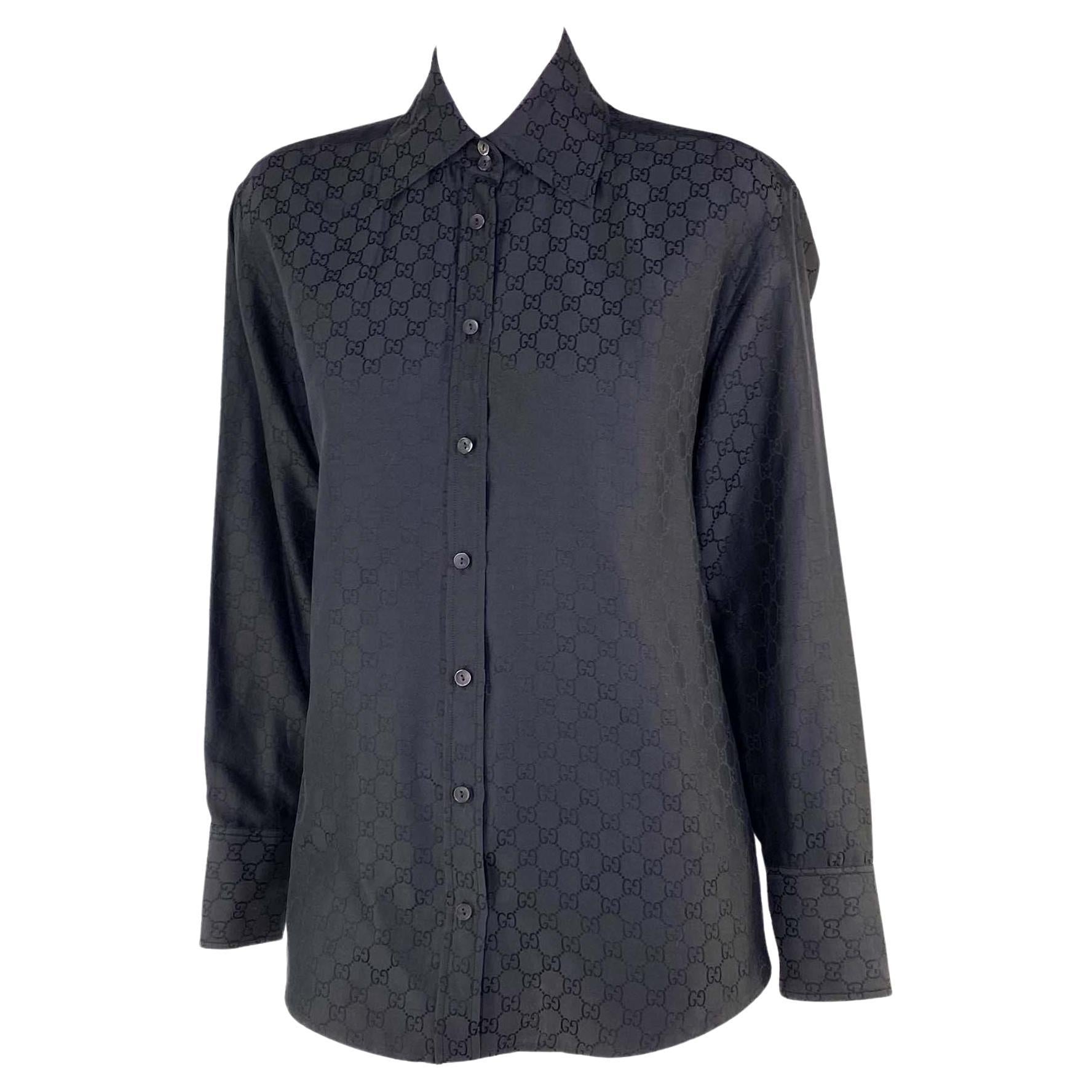 S/S 1998 Gucci by Tom Ford GG Monogram Black Cotton Silk Shoulder Pad Button Up Shirt
