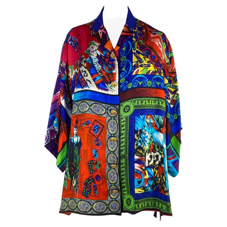 S/S 1991 Gianni Versace Runway Silk Pop Art Print Multicolor Tunic Button Up Top