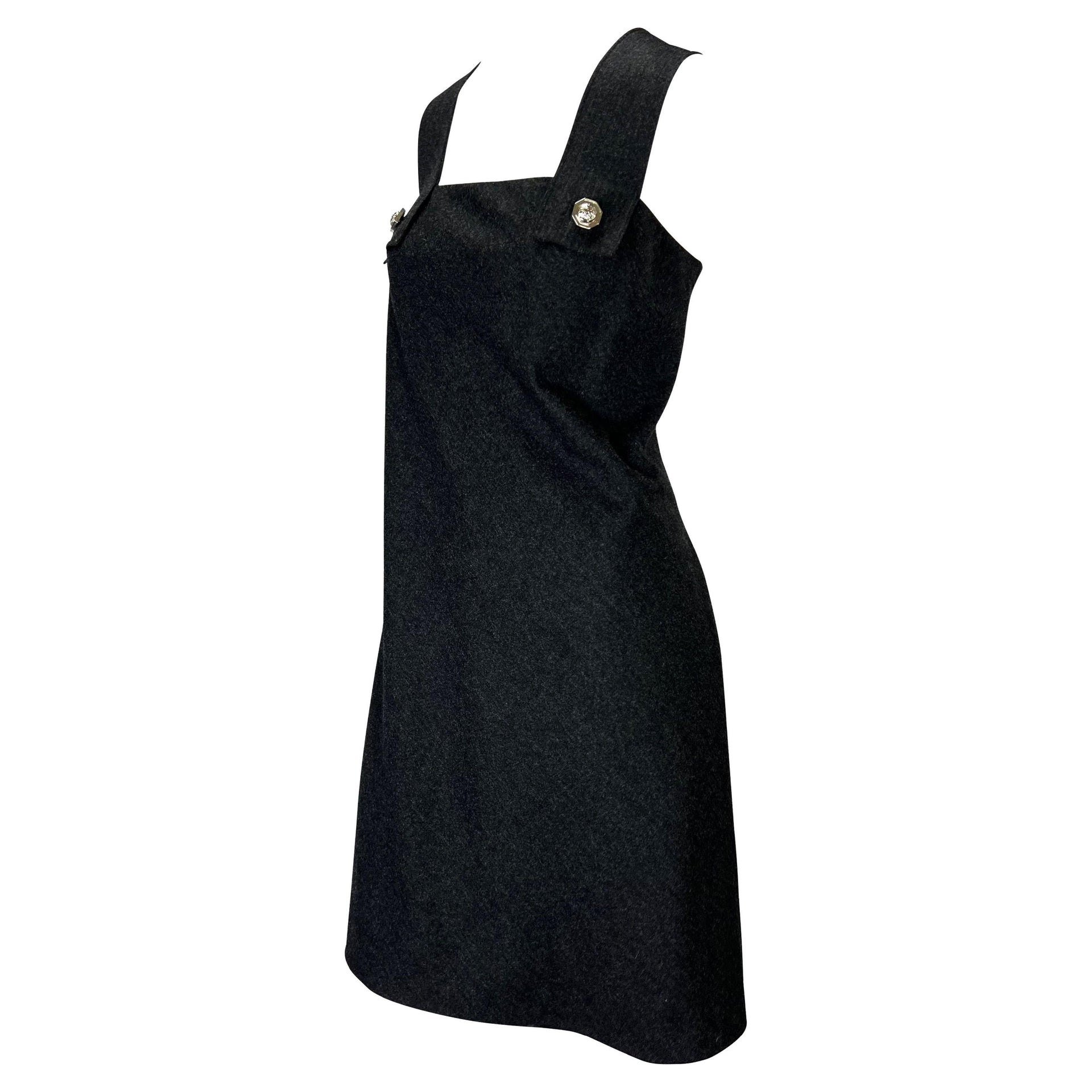 S/S 1994 Gianni Versace Couture Medusa Screw Medallion Strap Grey Wool Dress