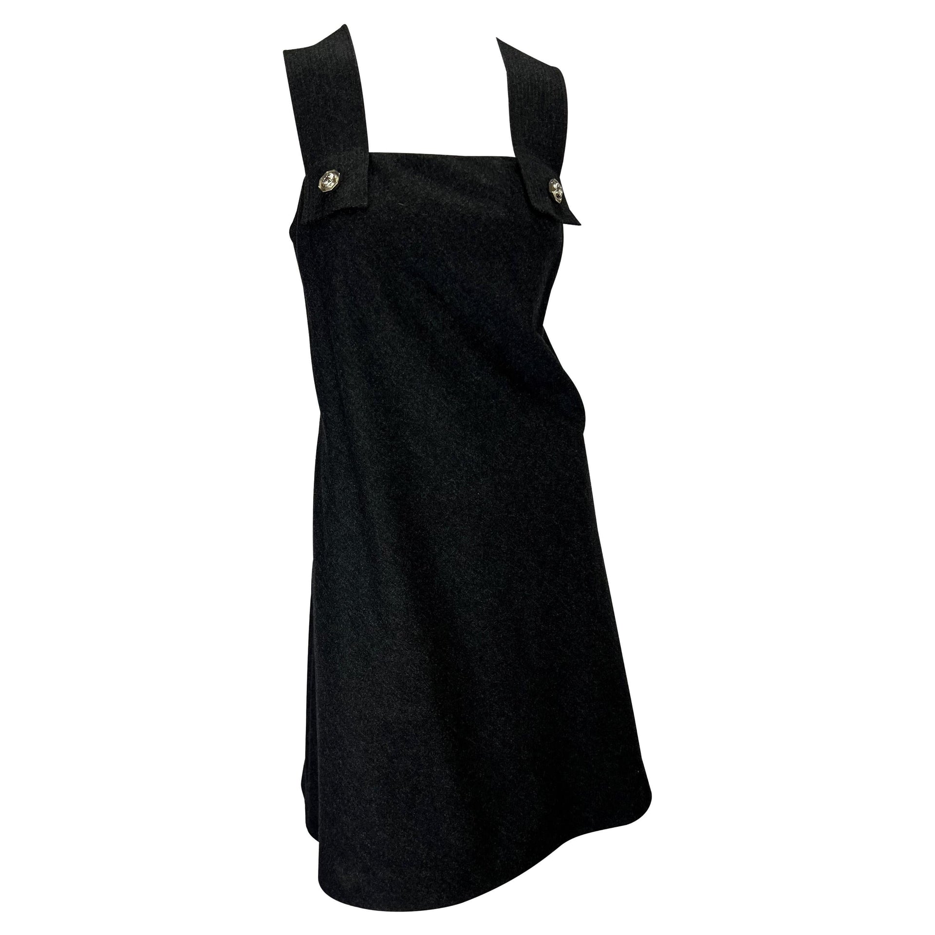 S/S 1994 Gianni Versace Couture Medusa Screw Medallion Strap Grey Wool Dress