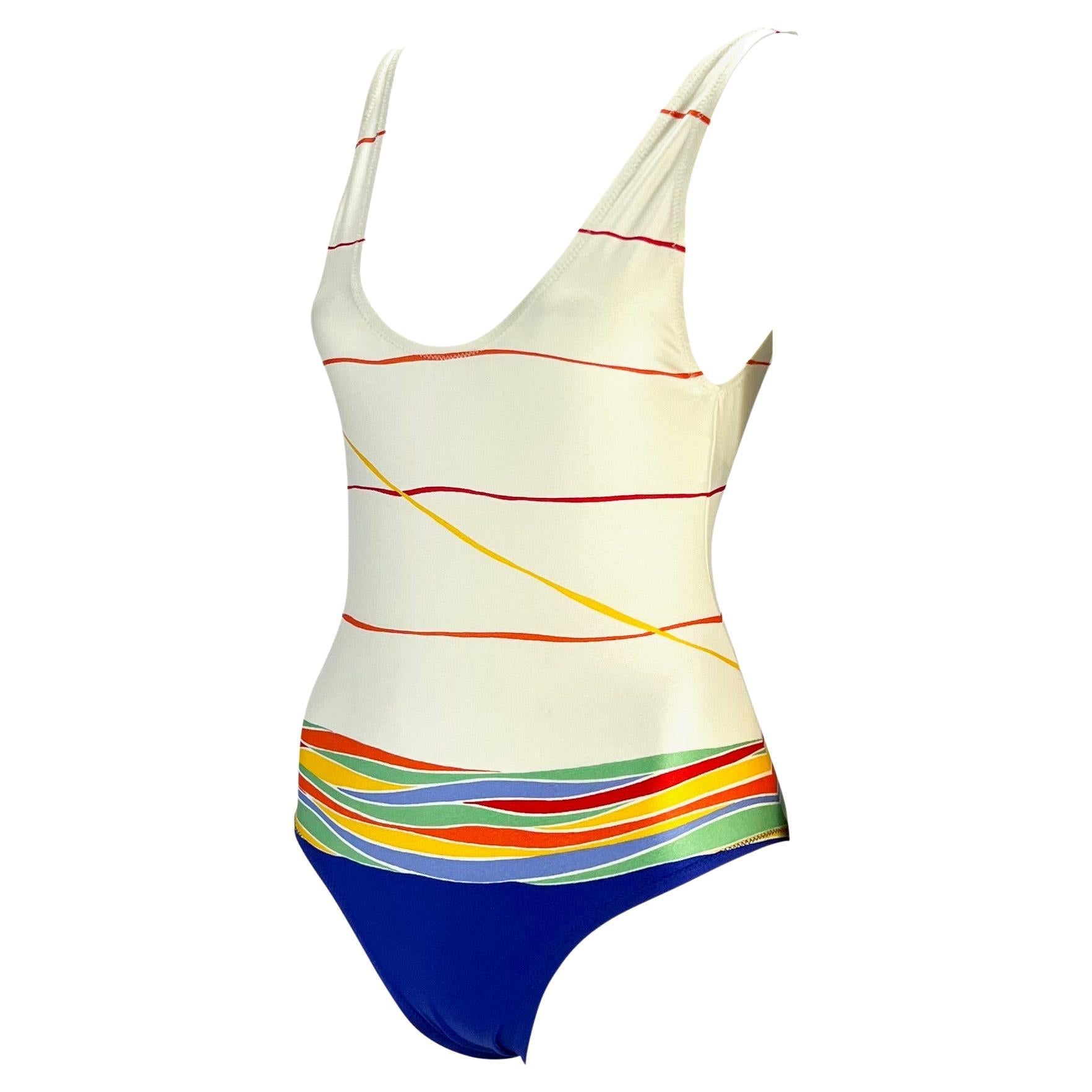 1970s Gucci White Stripe Blue Bathing Suit with Matching Pareo Shawl Cover Up Set