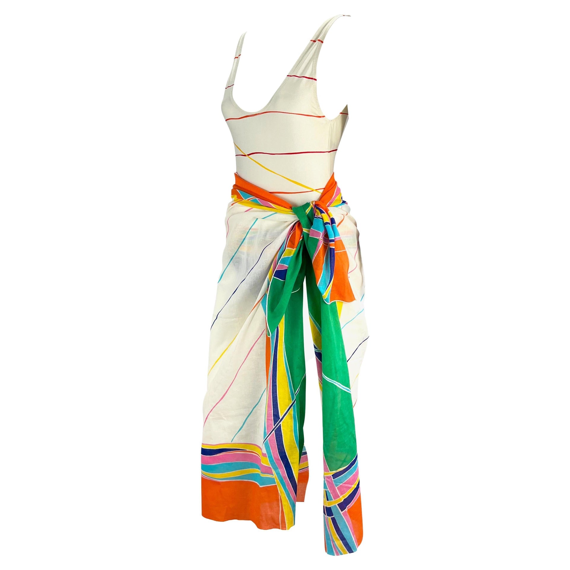 1970s Gucci White Stripe Blue Bathing Suit with Matching Pareo Shawl Cover Up Set