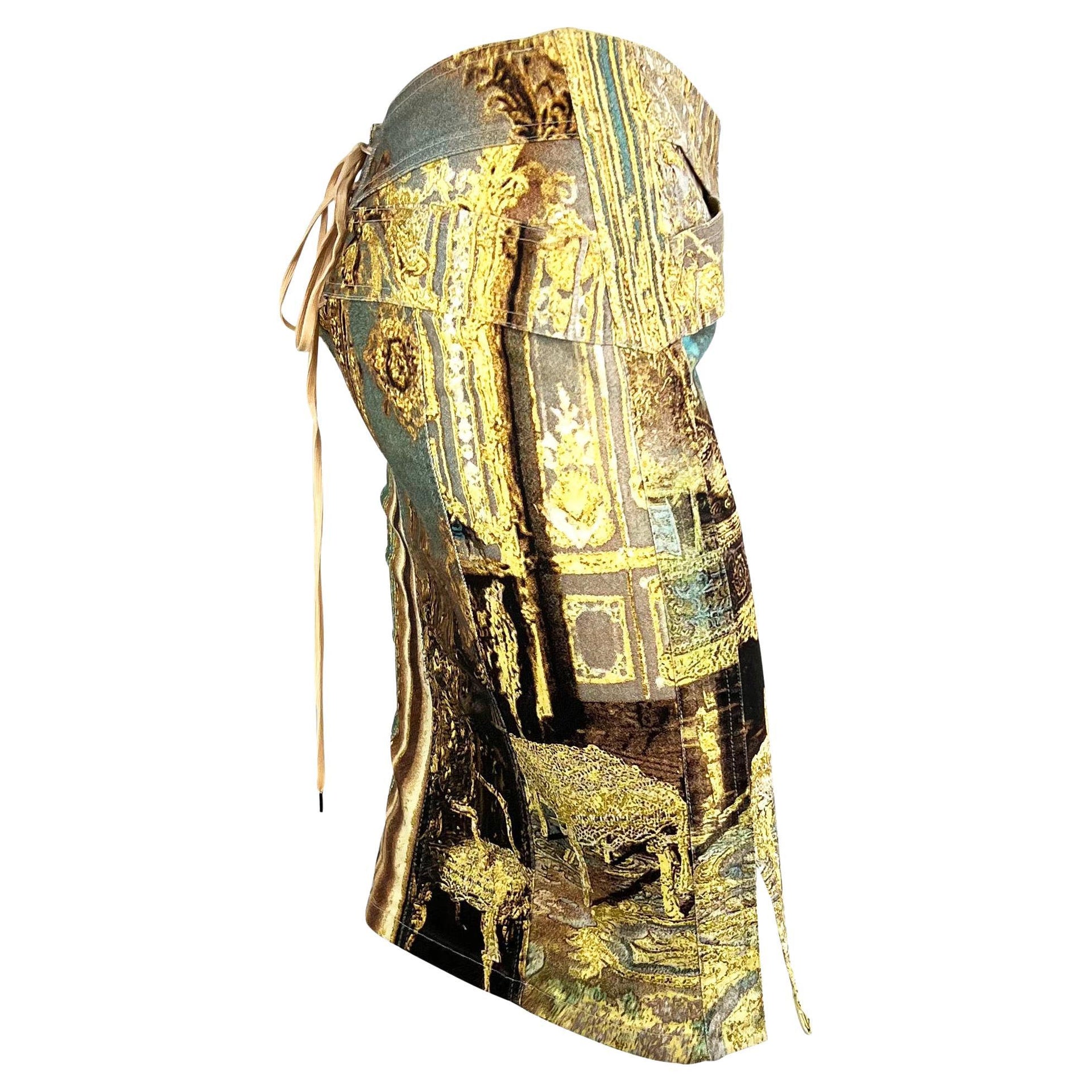 S/S 2003 Roberto Cavalli Baroque Printed Denim Corset Lace Up Skirt