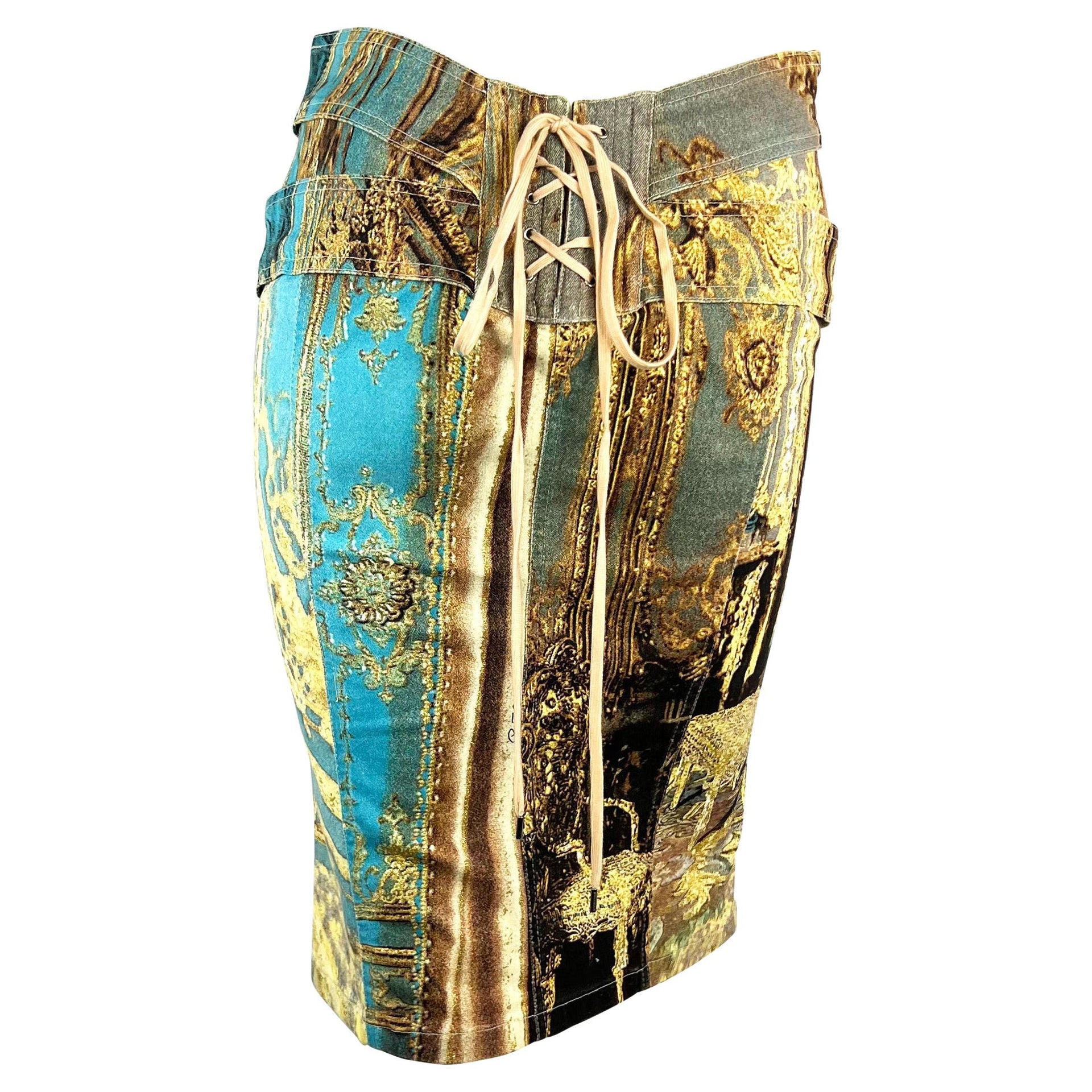 S/S 2003 Roberto Cavalli Baroque Printed Denim Corset Lace Up Skirt