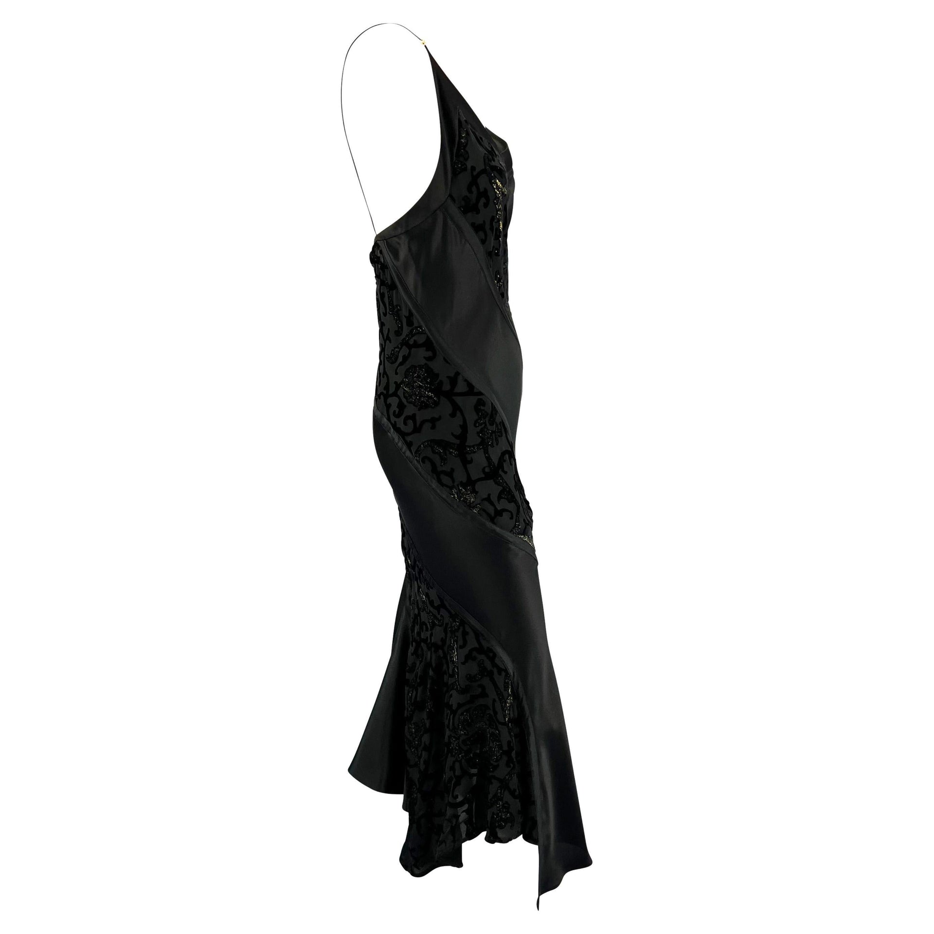 F/W 2004 Roberto Cavalli Black Velvet Satin Panel Flare Slip Dress