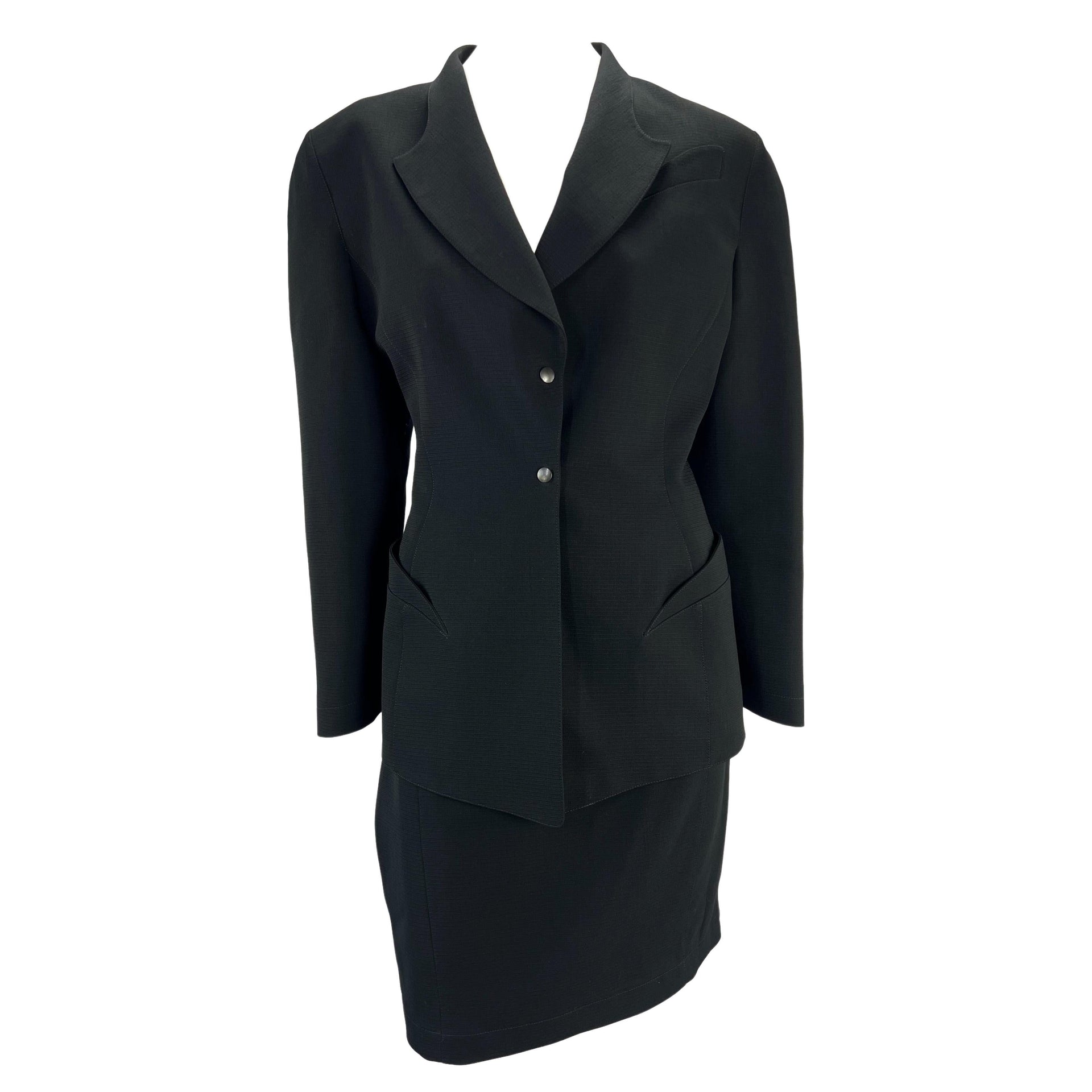 1980s Thierry Mugler Sculptural Black Wool Skirt Suit