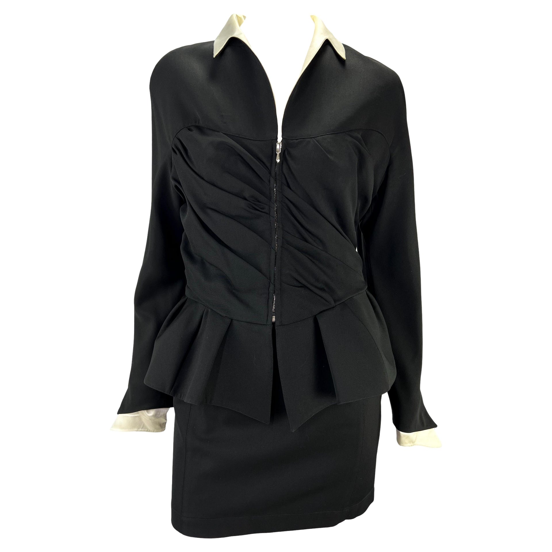 F/W 1992 Thierry Mugler Black Sculptural Wrap Peplum White Satin Trim Skirt Suit