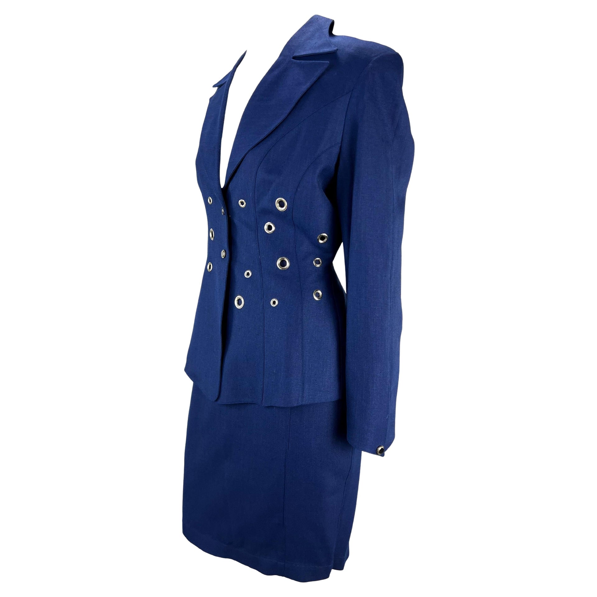 Cruise 1993 Thierry Mugler Navy Blue Eyelet Cutout Skirt Suit