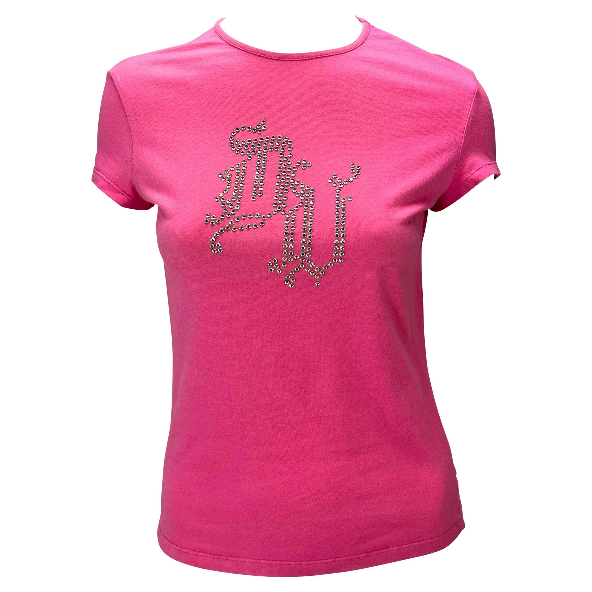 S/S 2004 Versace by Donatella Pink Rhinestone 'DV' Monogram Stretch T-Shirt Y2K