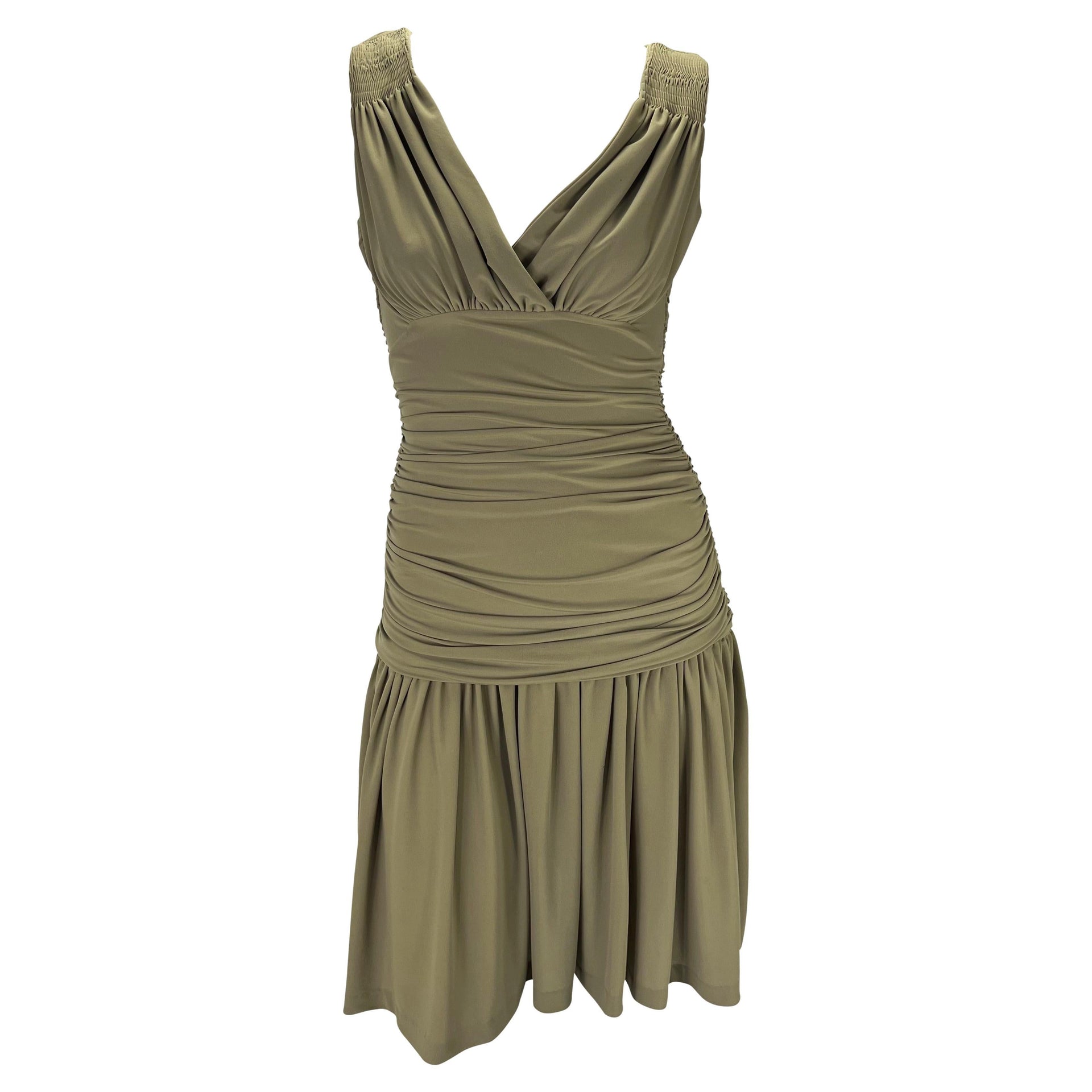 S/S 1990 Norma Kamali Runway Green Ruched Stretch Flare Mini Dress