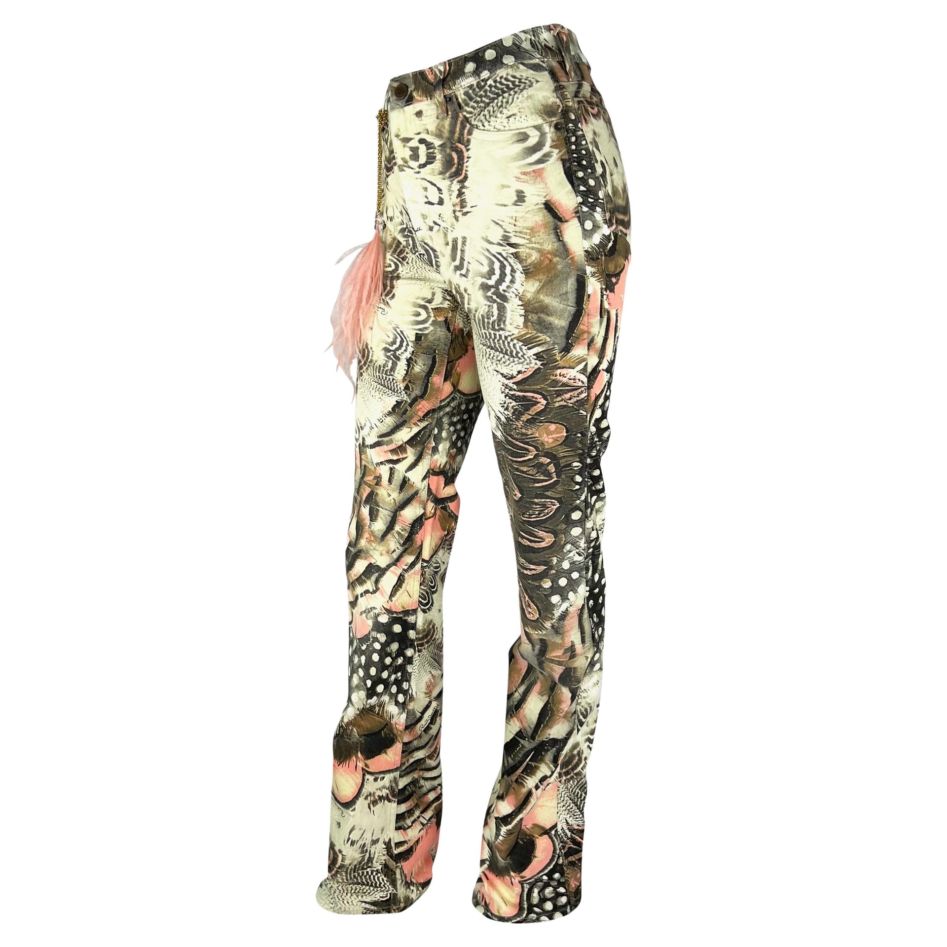 NWT S/S 2004 Roberto Cavalli Pink Feather Print Crystal Ostrich Pendant Jeans