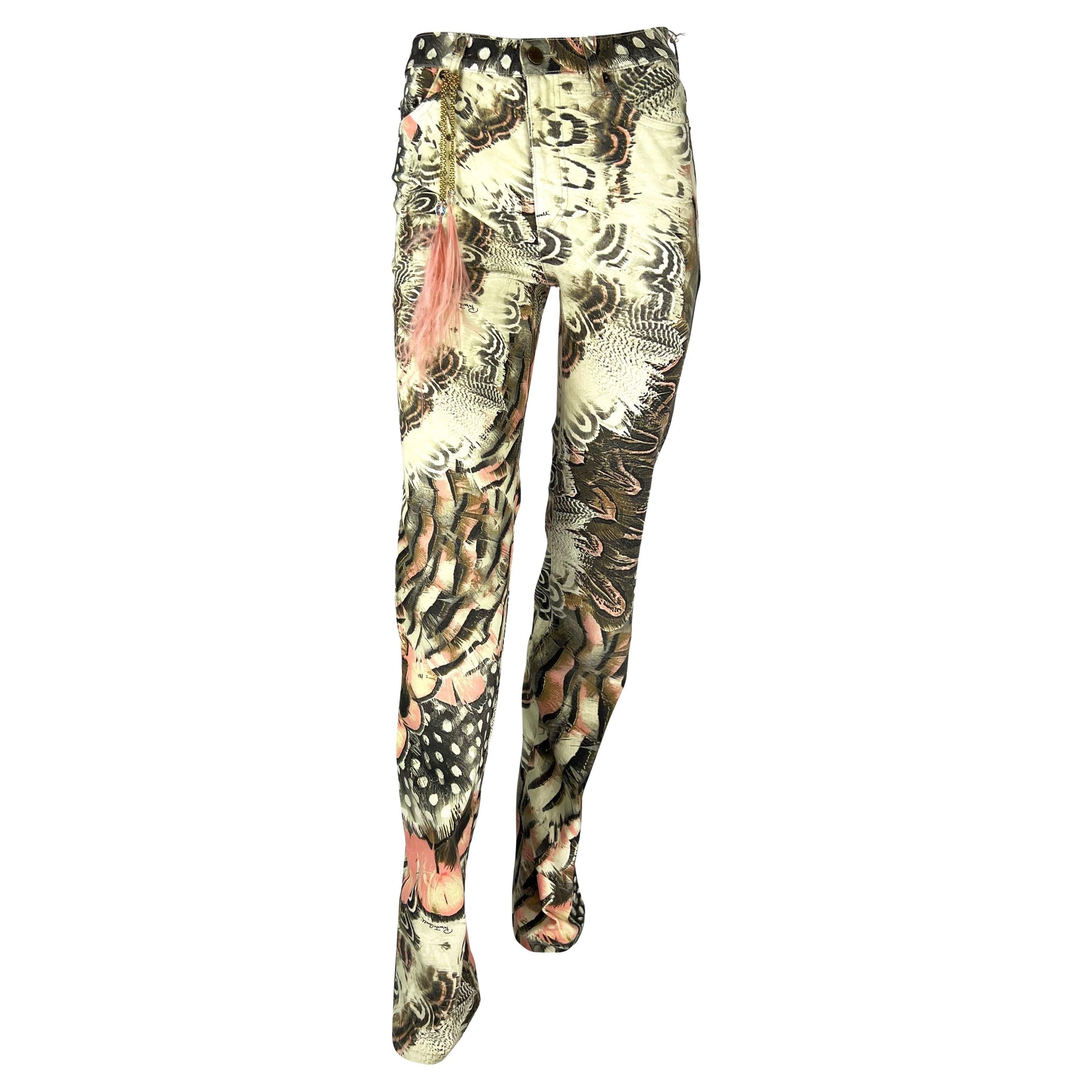 NWT S/S 2004 Roberto Cavalli Pink Feather Print Crystal Ostrich Pendant Jeans