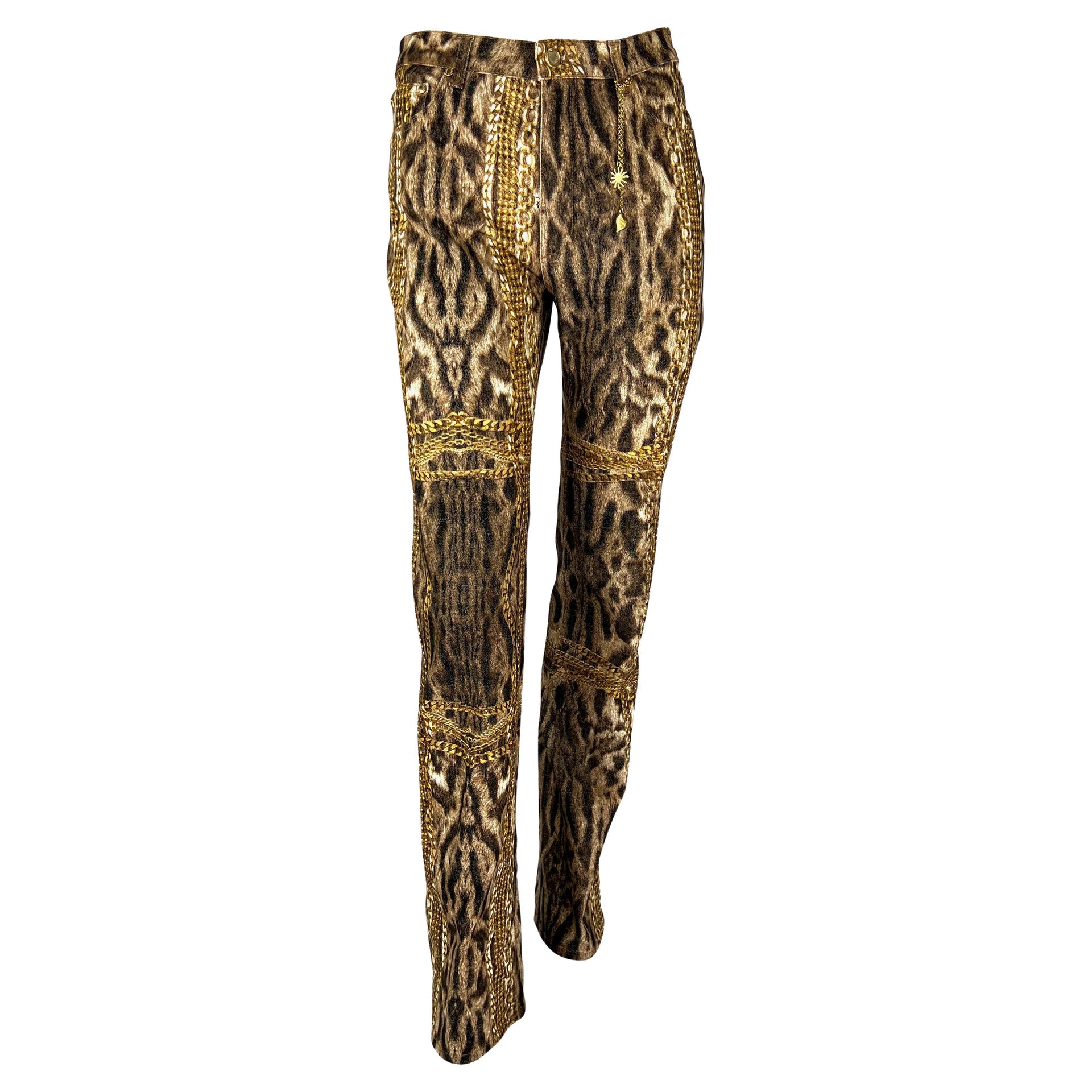 2003 Roberto Cavalli Animal Gold Chain Print Sun Heart Pendant Jeans