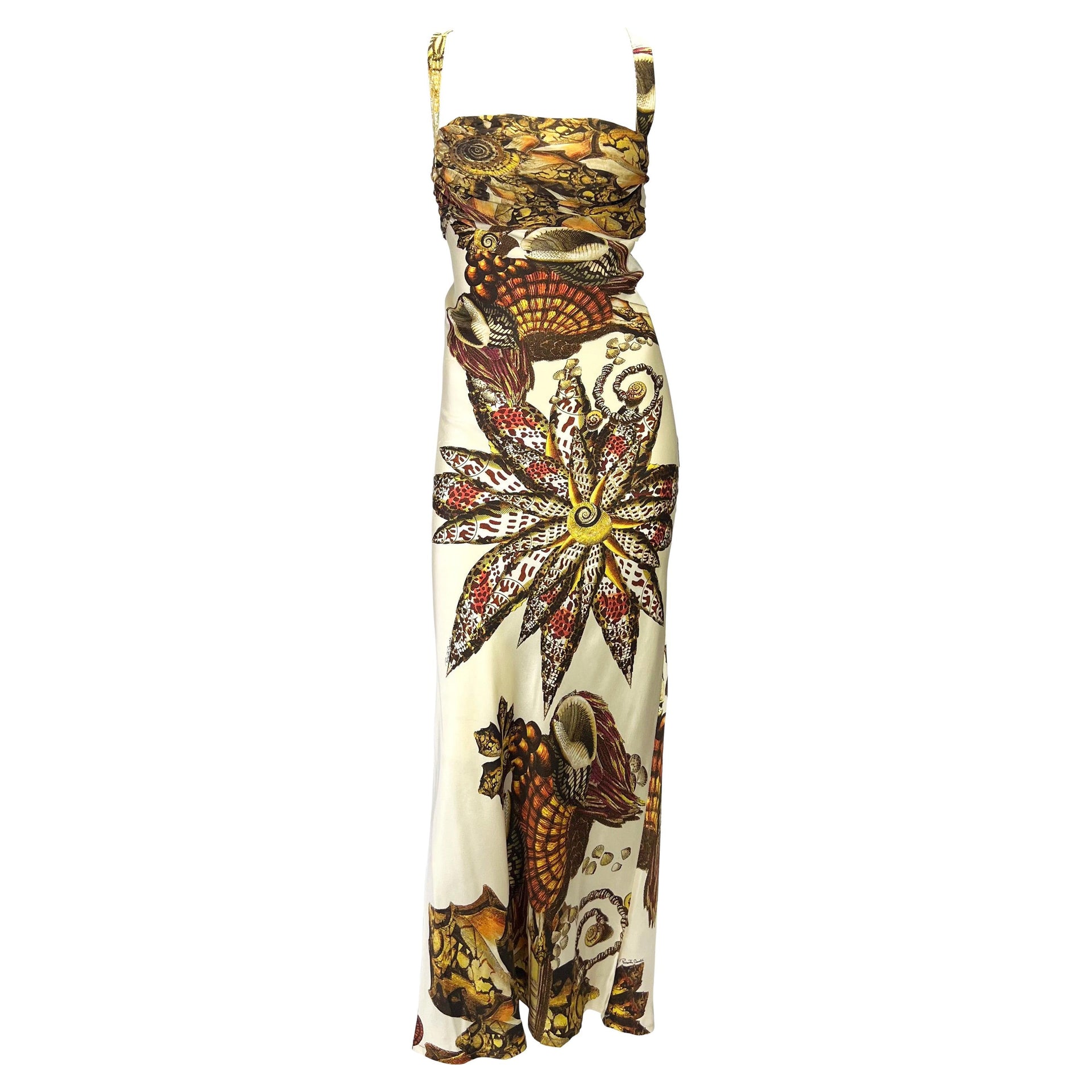 S/S 2005 Roberto Cavalli Silk Seashell Print Cream Satin Chiffon Maxi Dress