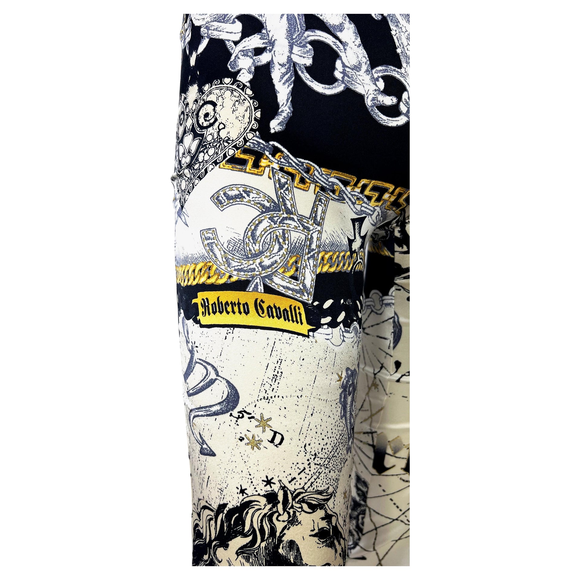 2003 Roberto Cavalli White Astrology Print Stretch Silk Satin Logo Pants