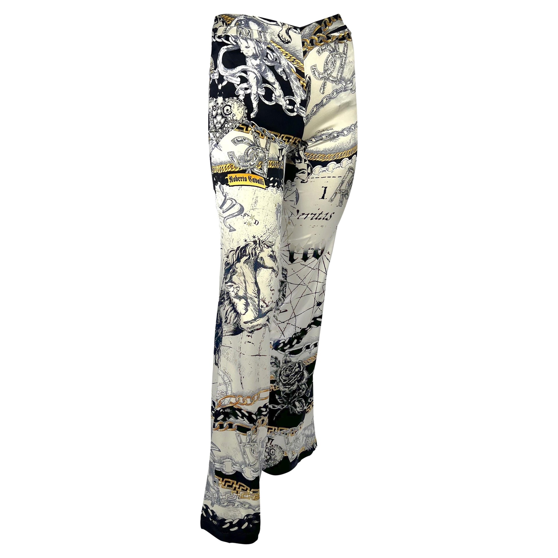 2003 Roberto Cavalli White Astrology Print Stretch Silk Satin Logo Pants