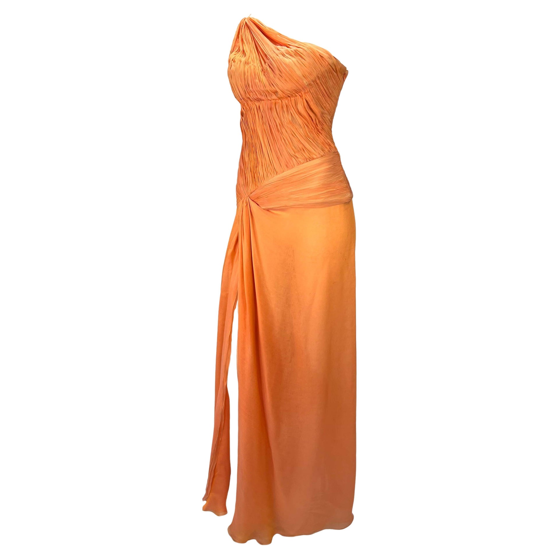 S/S 2005 Roberto Cavalli Ruched Orange Silk Chiffon Asymmetric High Slit Gown