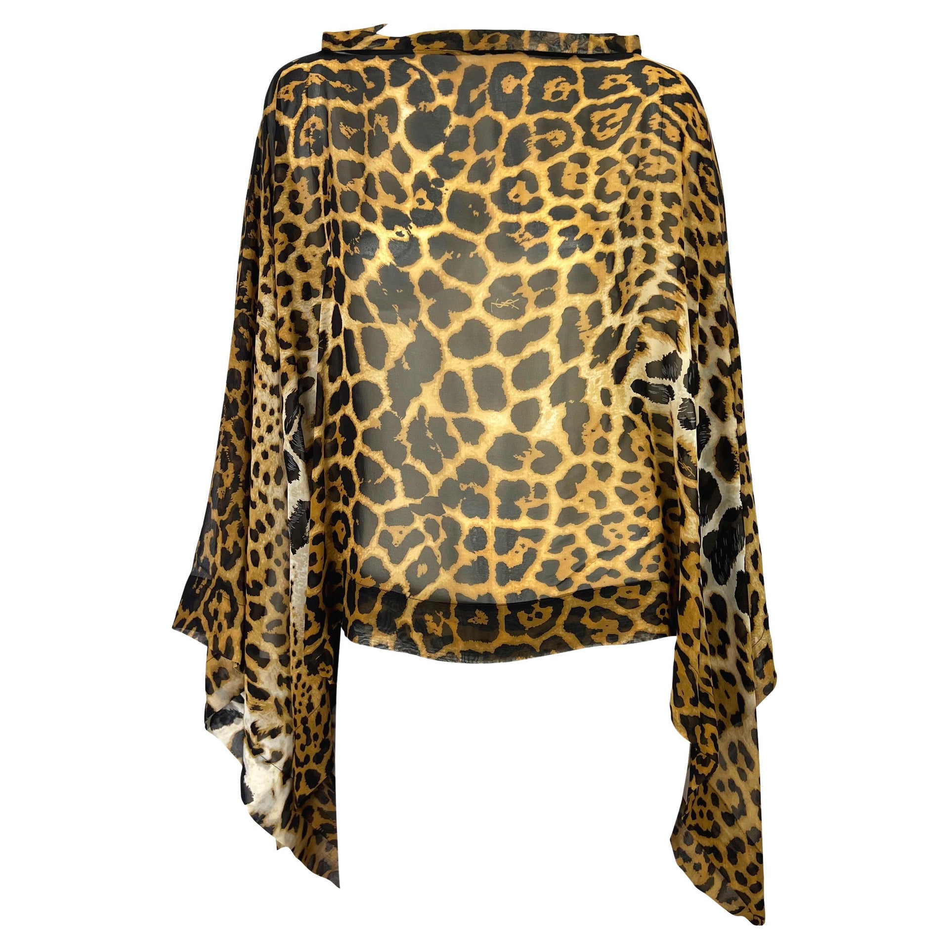 S/S 2002 Yves Saint Laurent by Tom Ford Sheer Jaguar Print Silk Cropped Kaftan Blouse