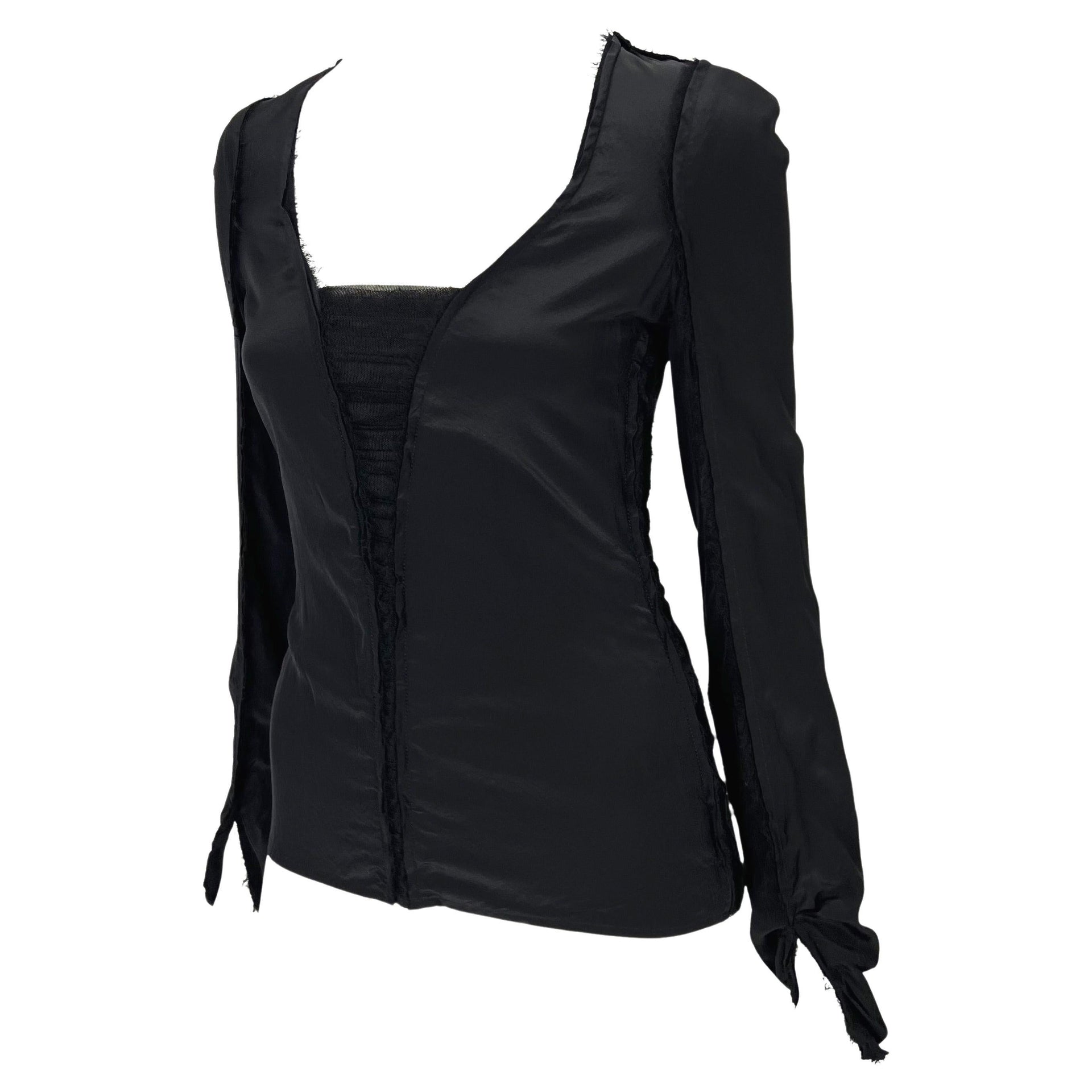 F/W 2002 Yves Saint Laurent by Tom Ford Black Raw-Edge Silk Sheer Plunge Blouse