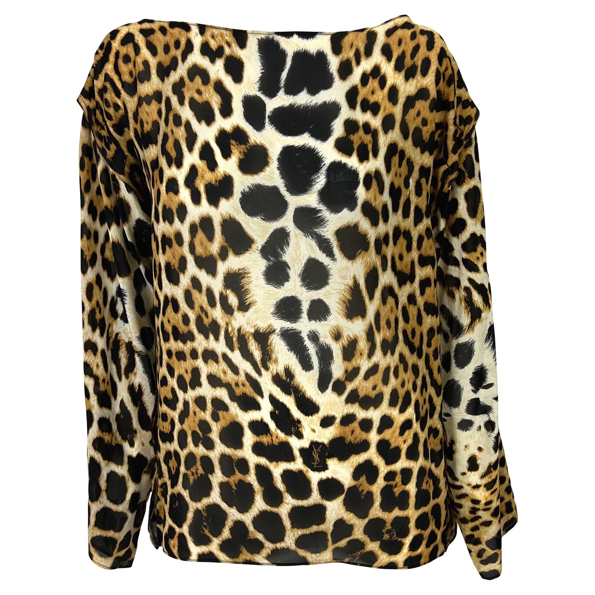 S/S 2002 Yves Saint Laurent by Tom Ford Jaguar Print Sheer Silk Long Sleeve Blouse