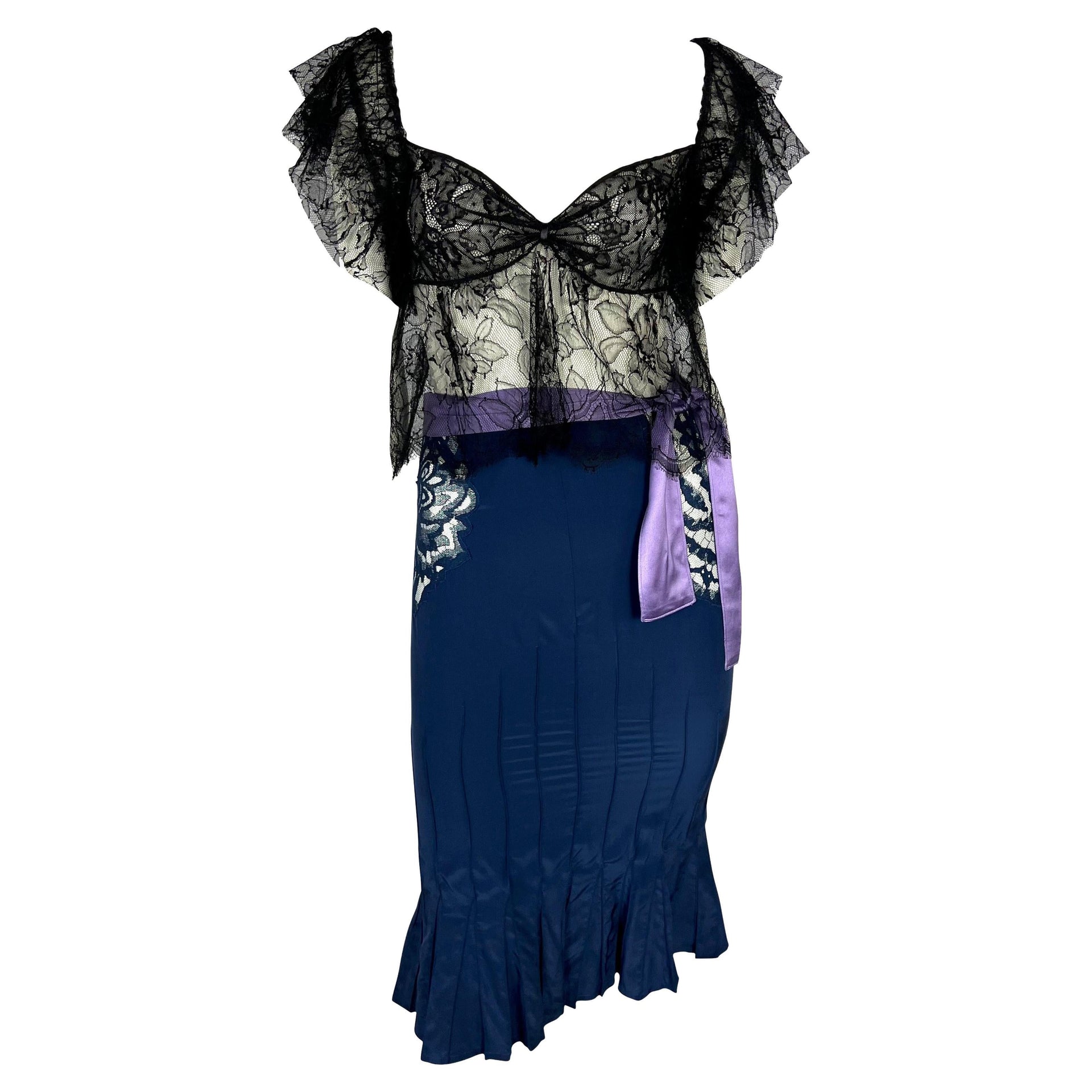 F/W 2003 Yves Saint Laurent by Tom Ford Runway Purple Satin Sheer Lace Skirt Set
