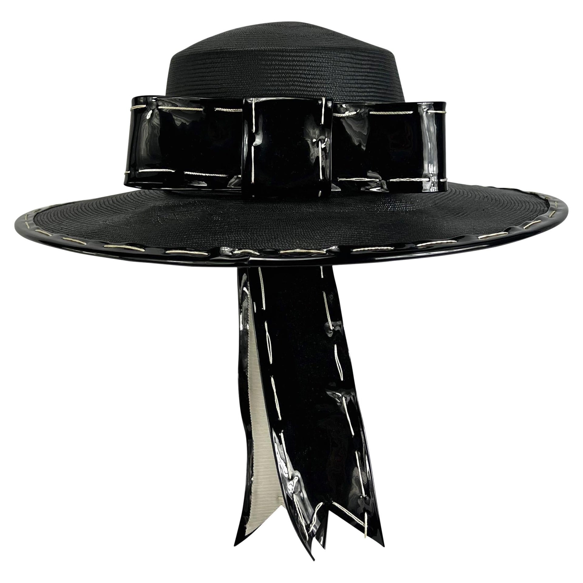 NWT 1980s Yves Saint Laurent Black White Chupalla Patent Bow Hat