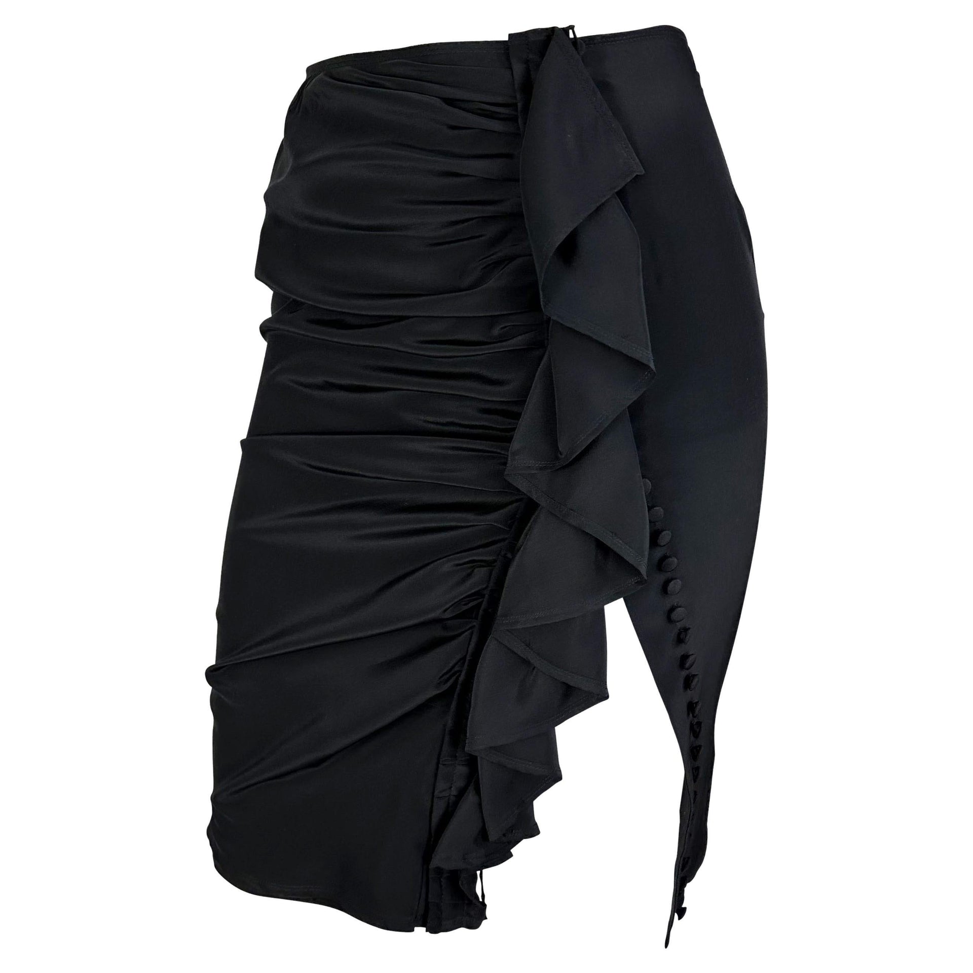 Early 2000s Yves Saint Laurent by Tom Ford Black Silk Ruffle Button Skirt
