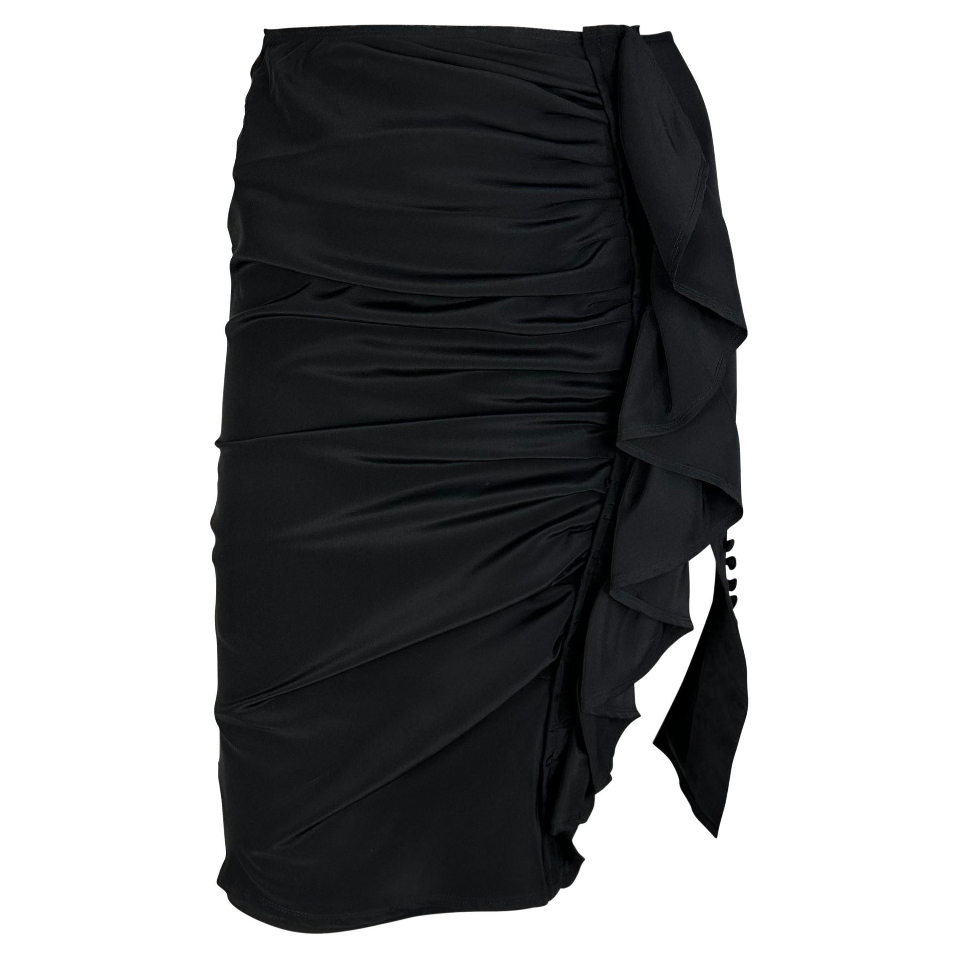 Early 2000s Yves Saint Laurent by Tom Ford Black Silk Ruffle Button Skirt