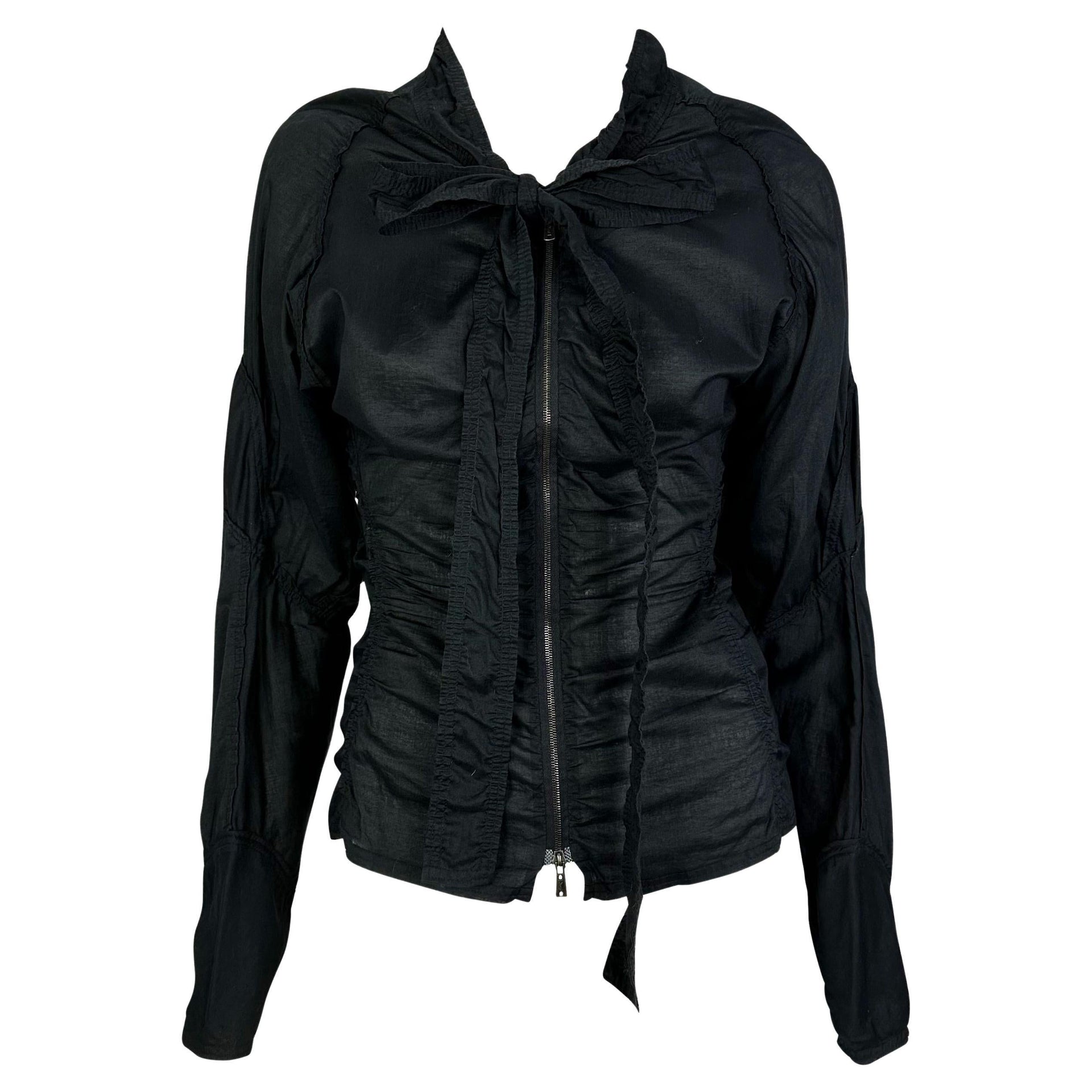 S/S 2002 Yves Saint Laurent by Tom Ford Safari Black Ruched Pussy Bow Zip Blouse