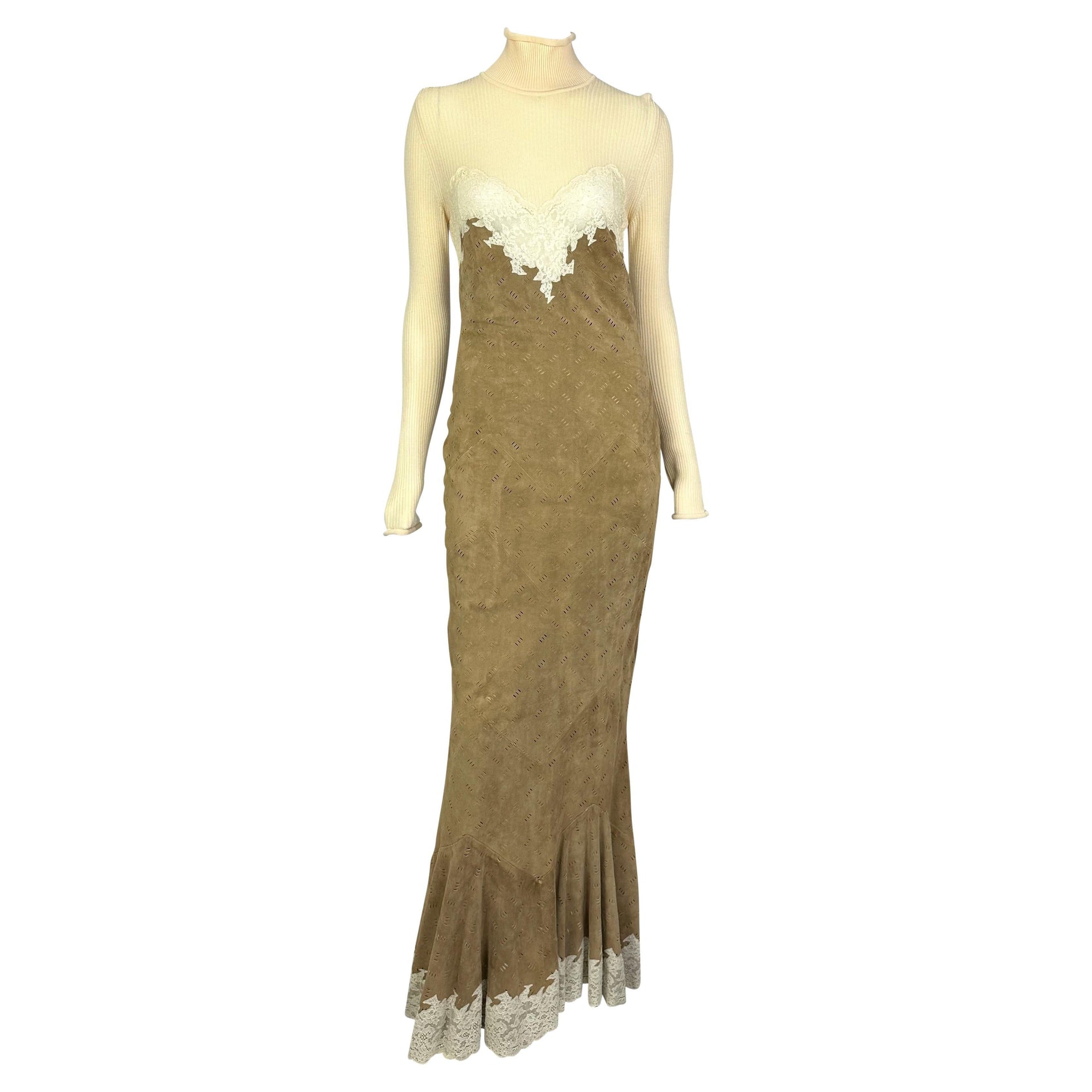 F/W 1999 Christian Dior by John Galliano Runway Laser-Cut Suede Turtleneck Gown