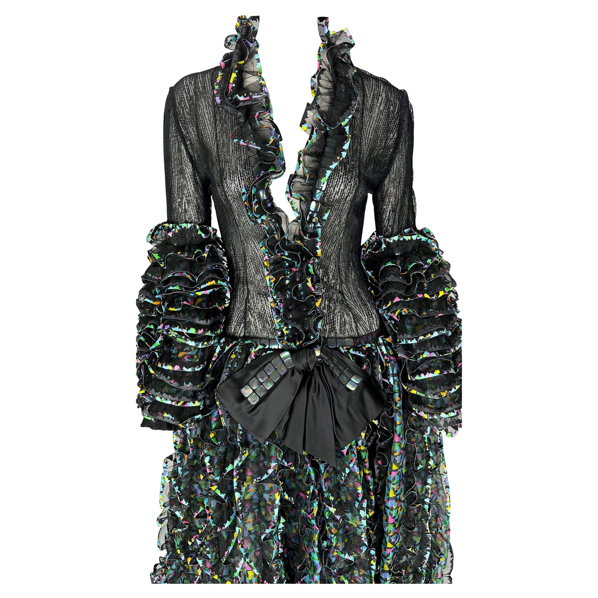 S/S 1987 Paco Rabanne Haute Couture Runway Sheer Embroidered Ruffle Gown