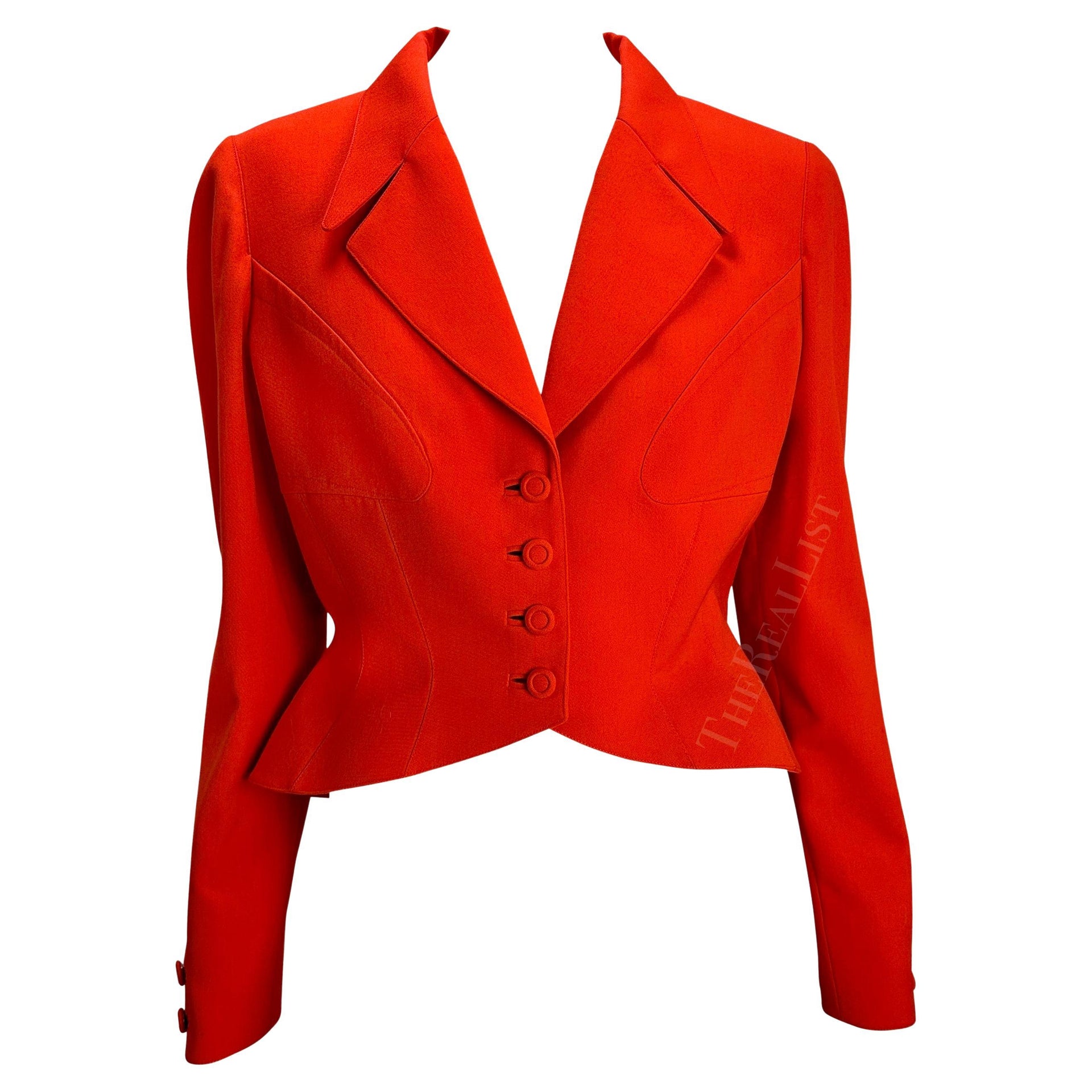 1990s Thierry Mugler Orange Structured Hourglass Cropped Blazer