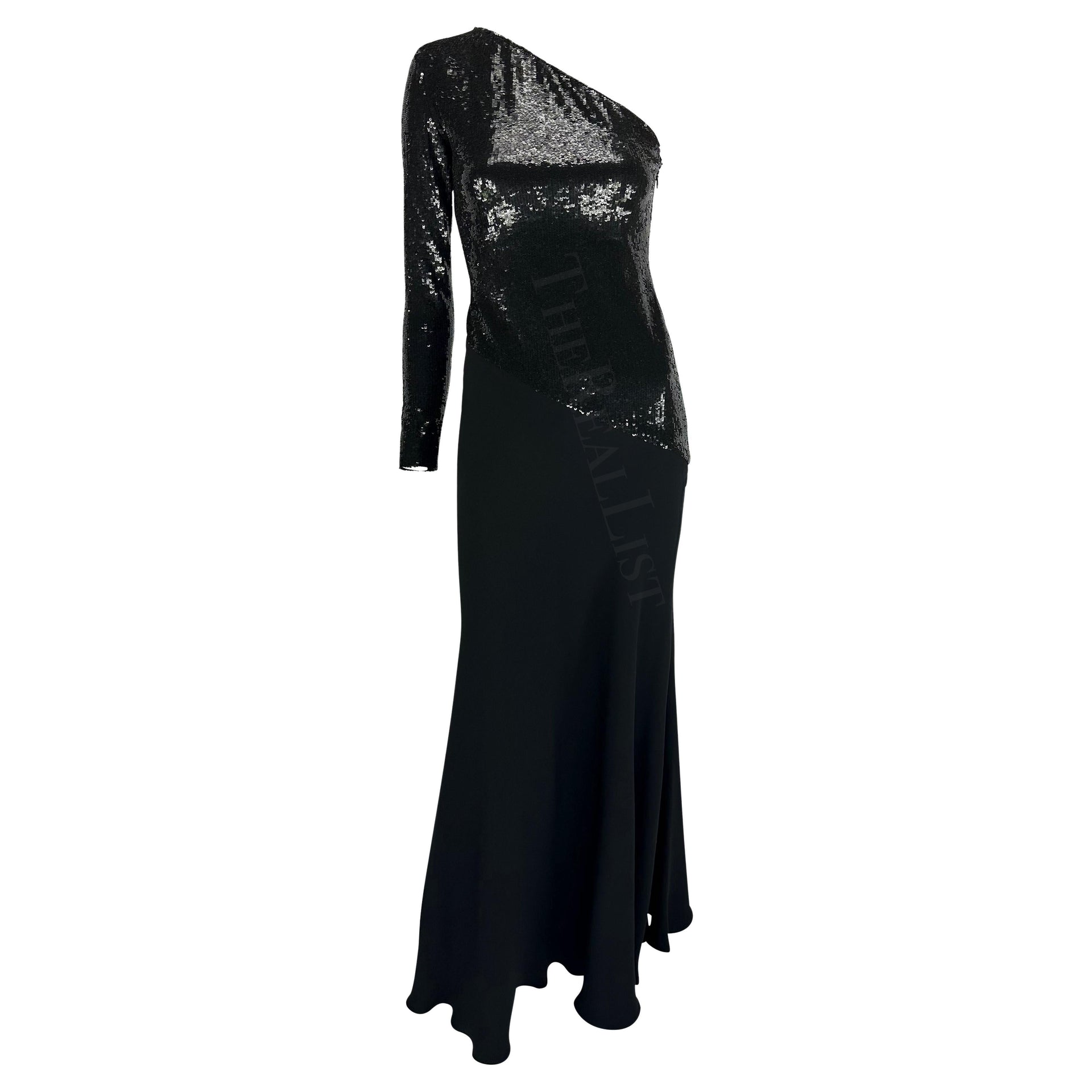 F/W 1995 Ralph Lauren Runway Stretch Sequin Asymmetric Black Flare Evening Gown