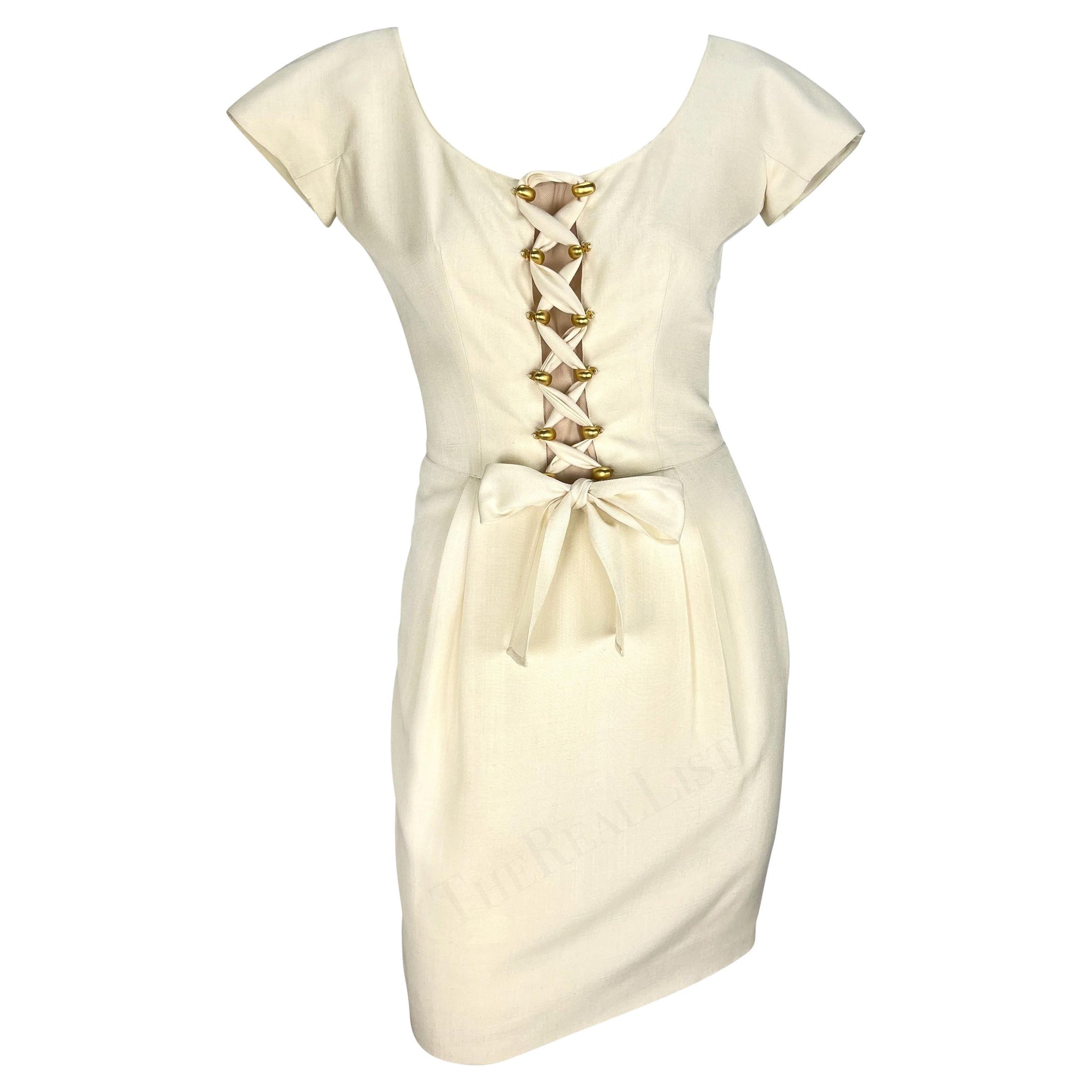 S/S 1995 Valentino Garavani Creme Corset Lace-Up Petal Sleeve Midi Dress