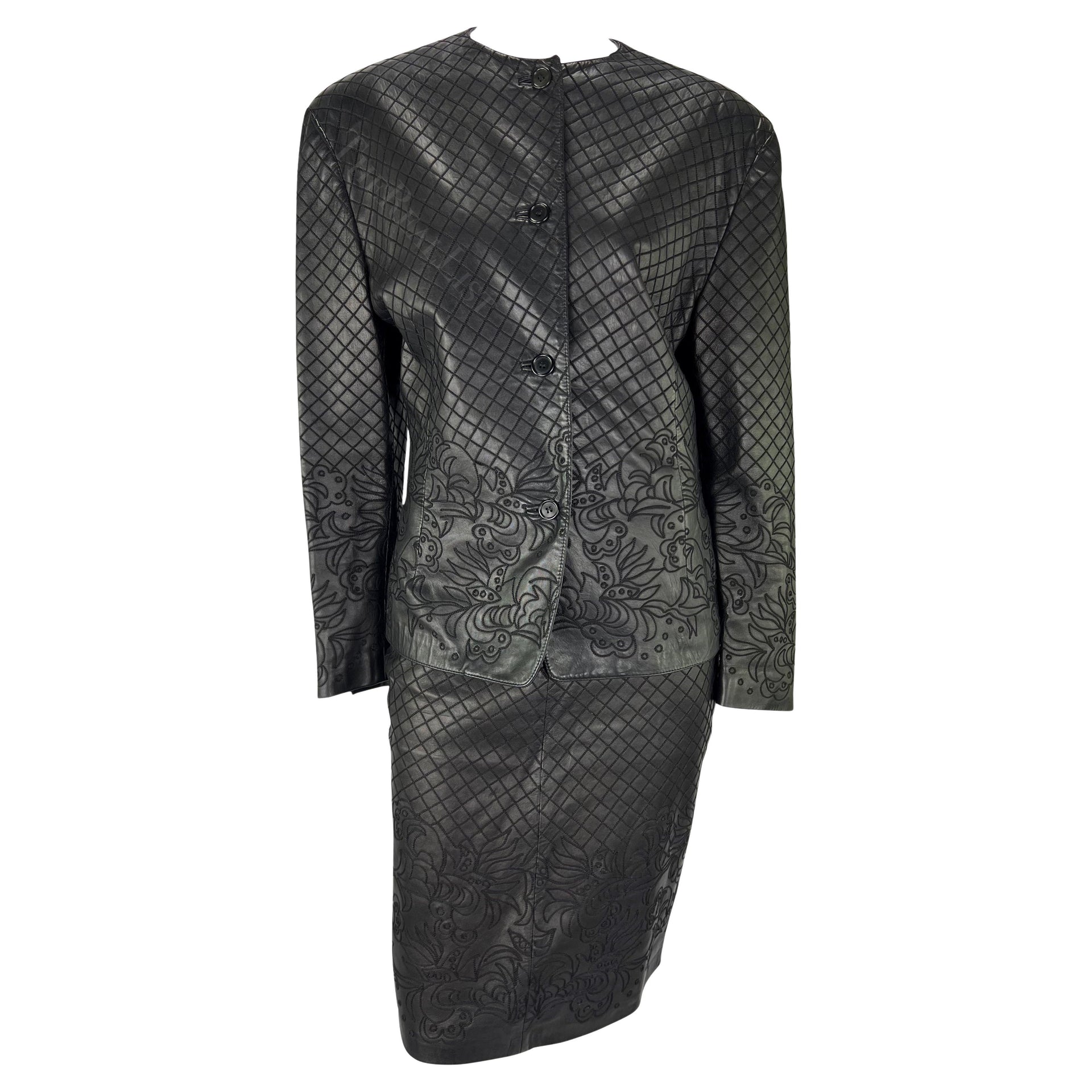 F/W 1986 Gianni Versace Runway Black Leather Embroidered Floral Skirt Set
