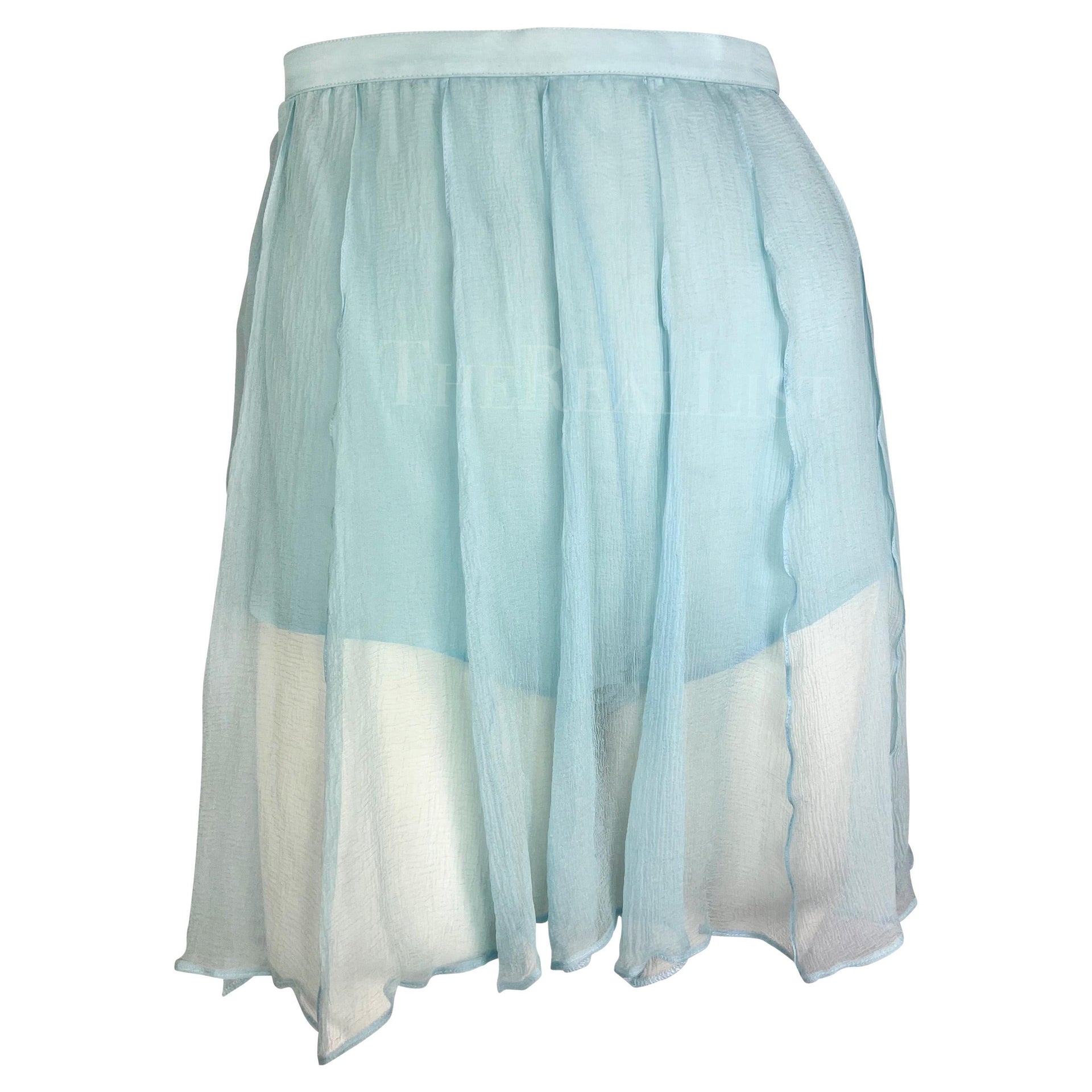 1990s Thierry Mugler Light Blue Sheer Pleated Silk Skirt Short Combo
