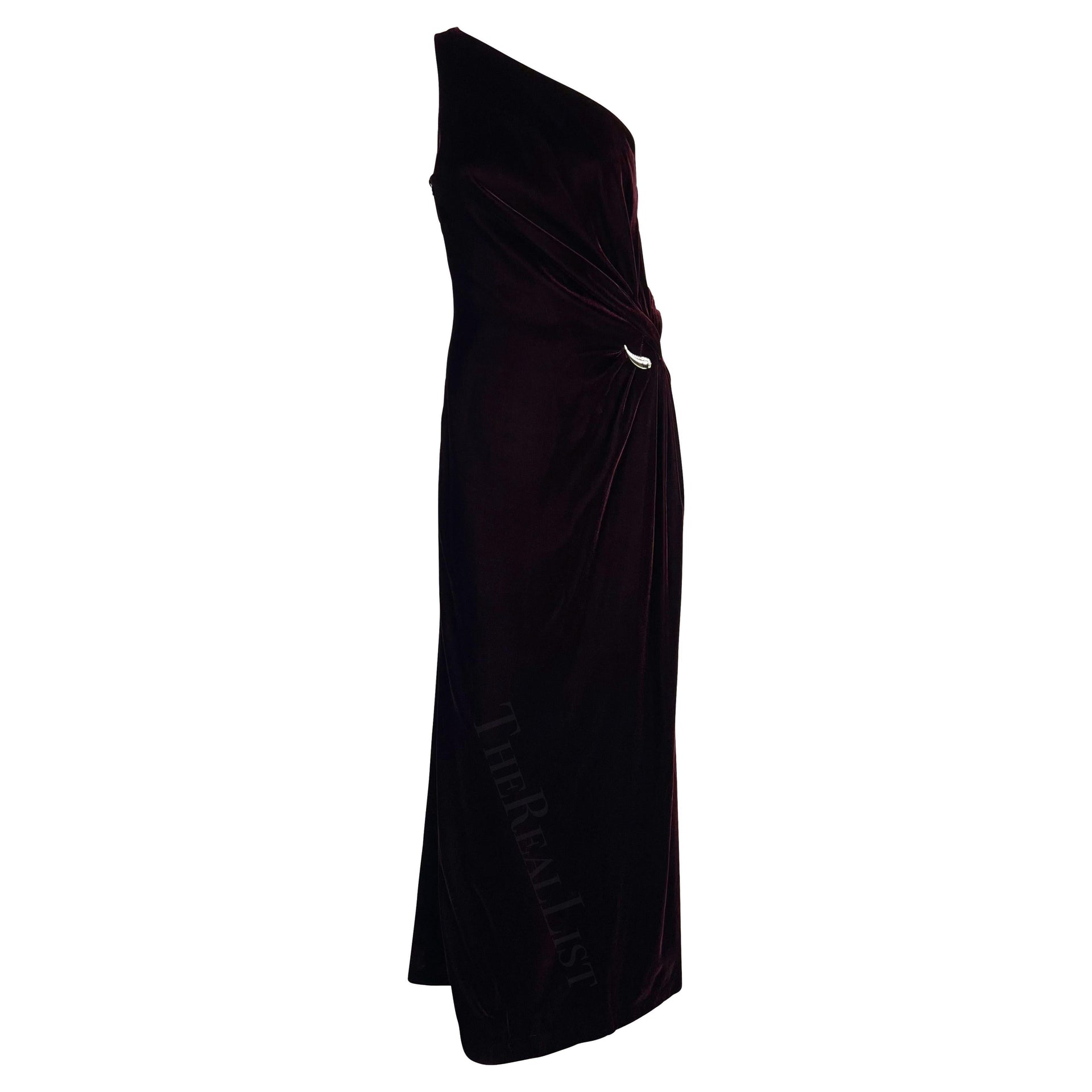 F/W 2000 Thierry Mugler Rhinestone Burgundy Velvet Single Shoulder Runway Gown