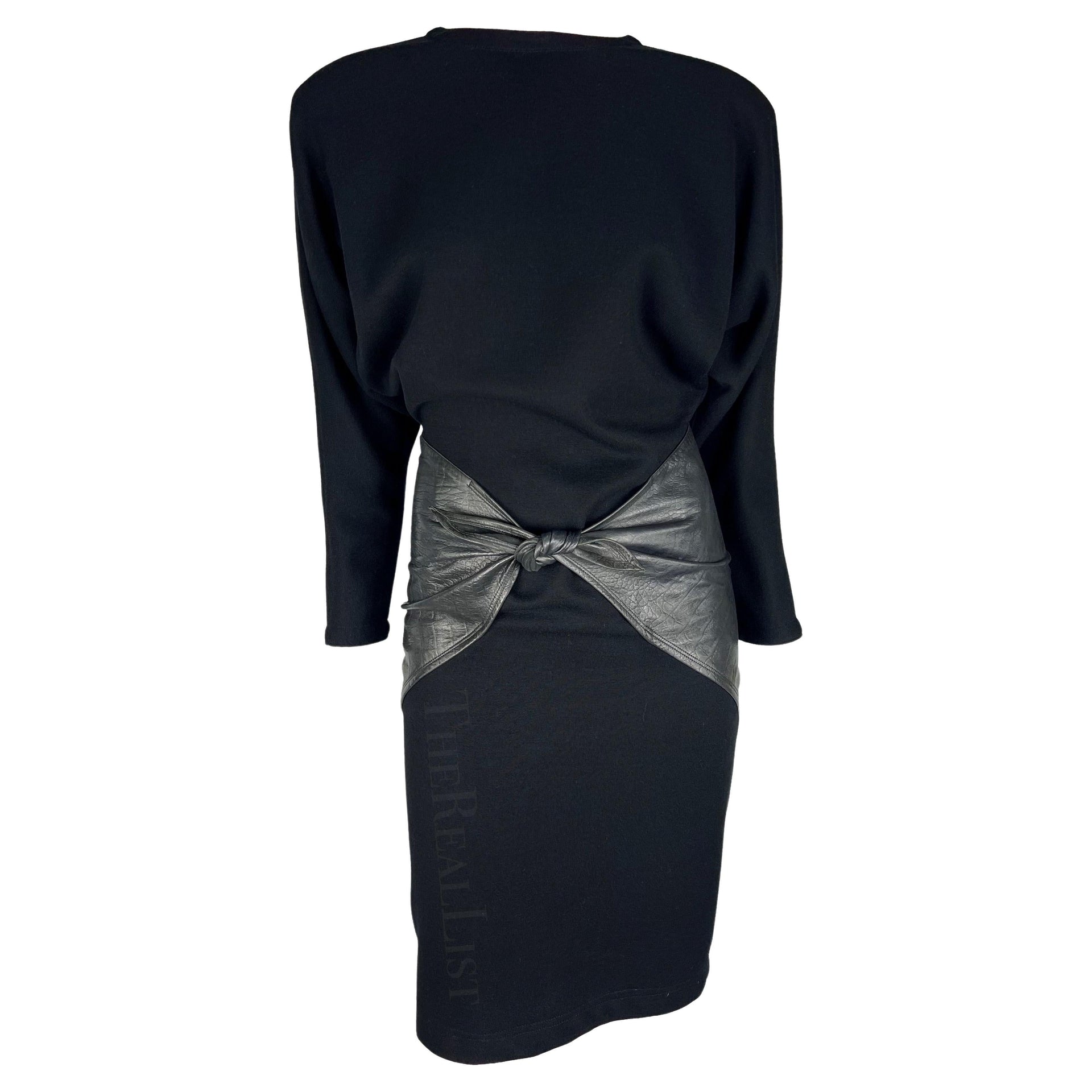1980s Gianni Versace Stretch Knit Embossed Leather Hip Tie Black Wool Dress