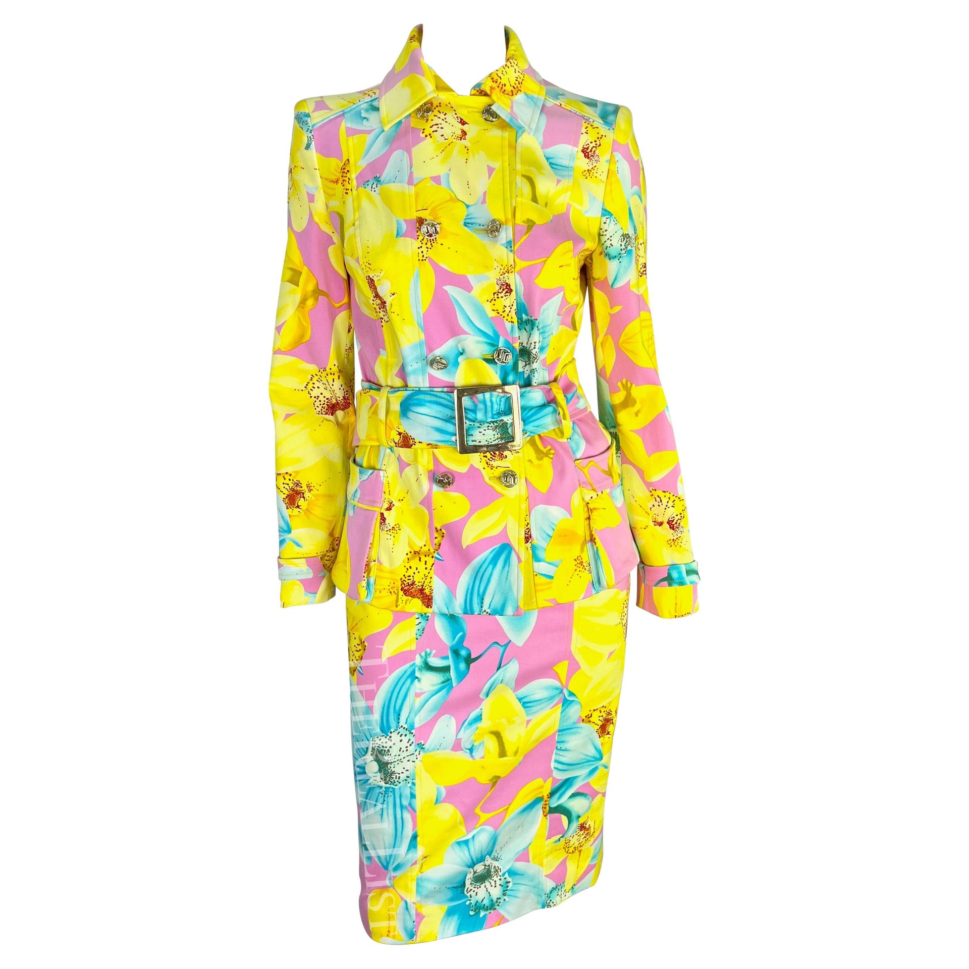 S/S 2004 Versace by Donatella Runway Pink Neon Yellow Floral Belted Skirt Suit