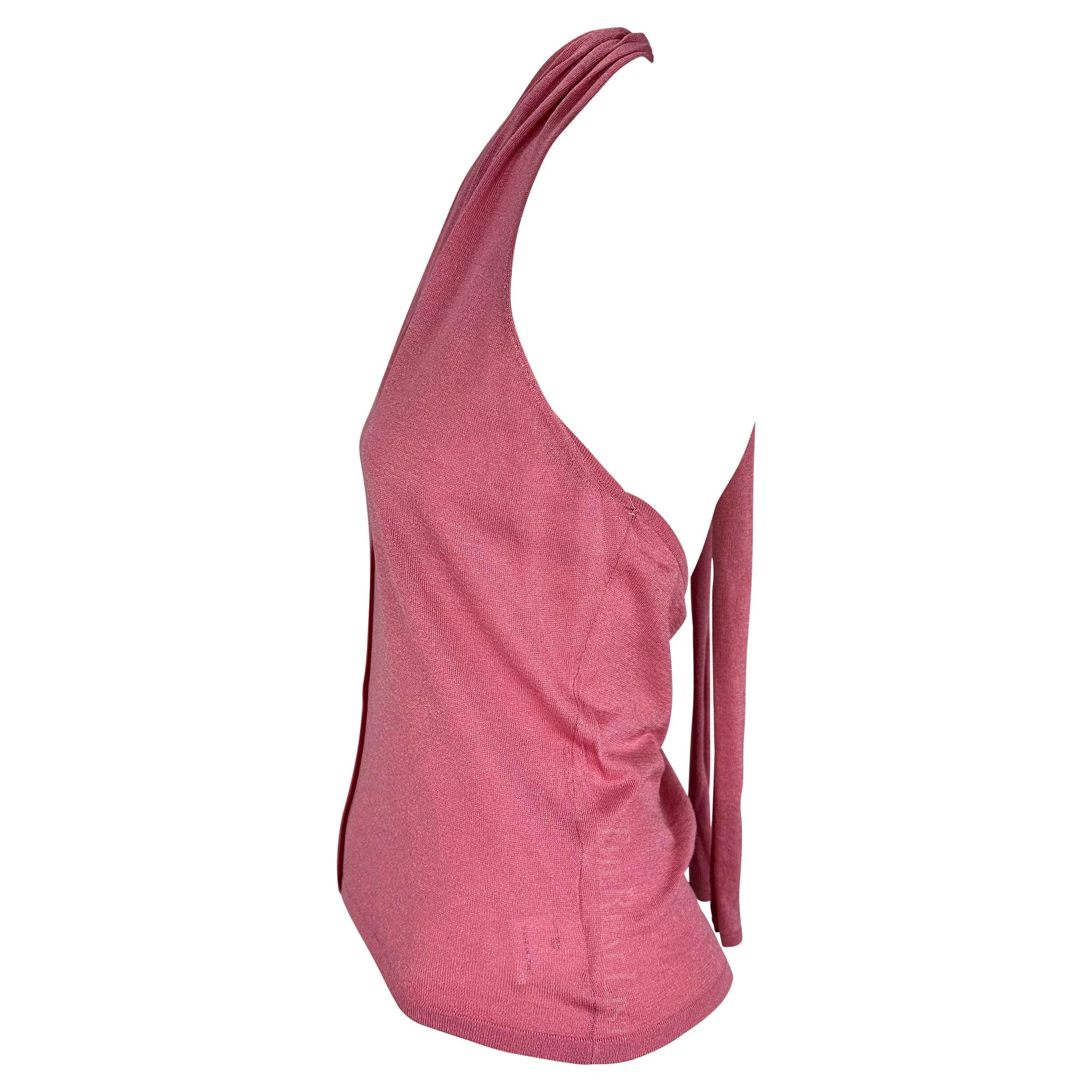 NWT 2000s Gucci by Tom Ford Pink Sheer Knit Halter Neck Tie Backless Tank Top
