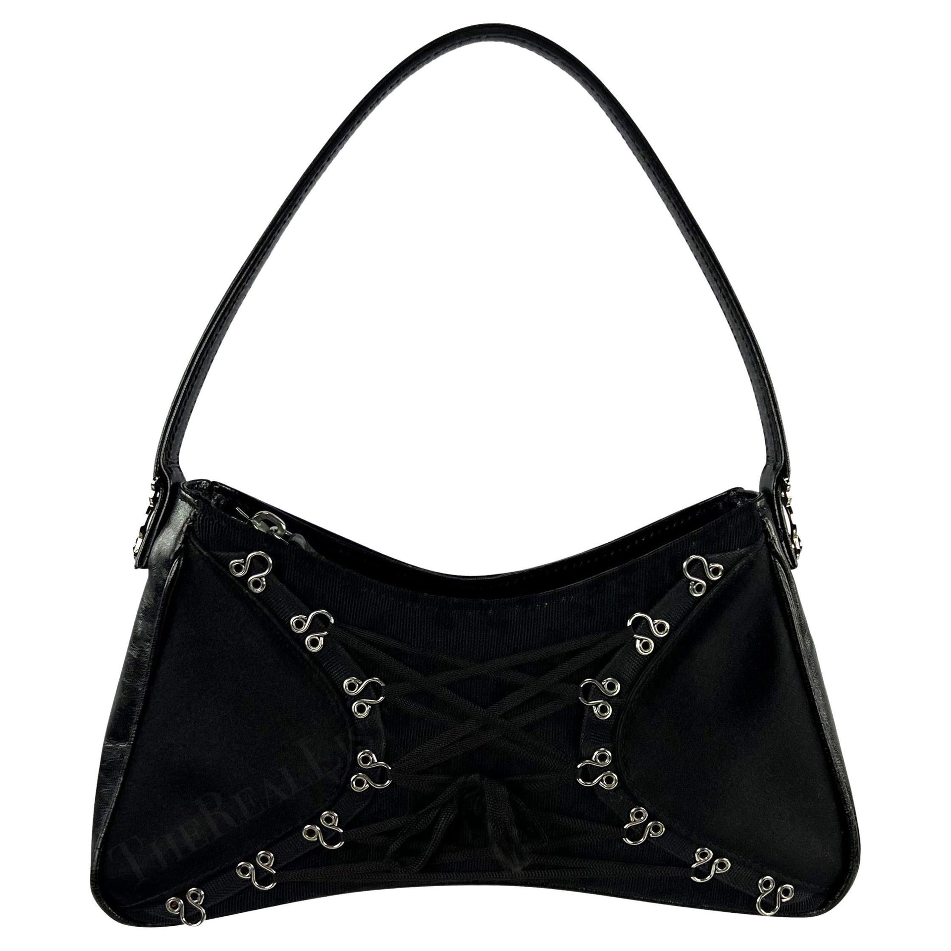 Early 2000s John Galliano Black Satin Leather Corset Style Mini Bag