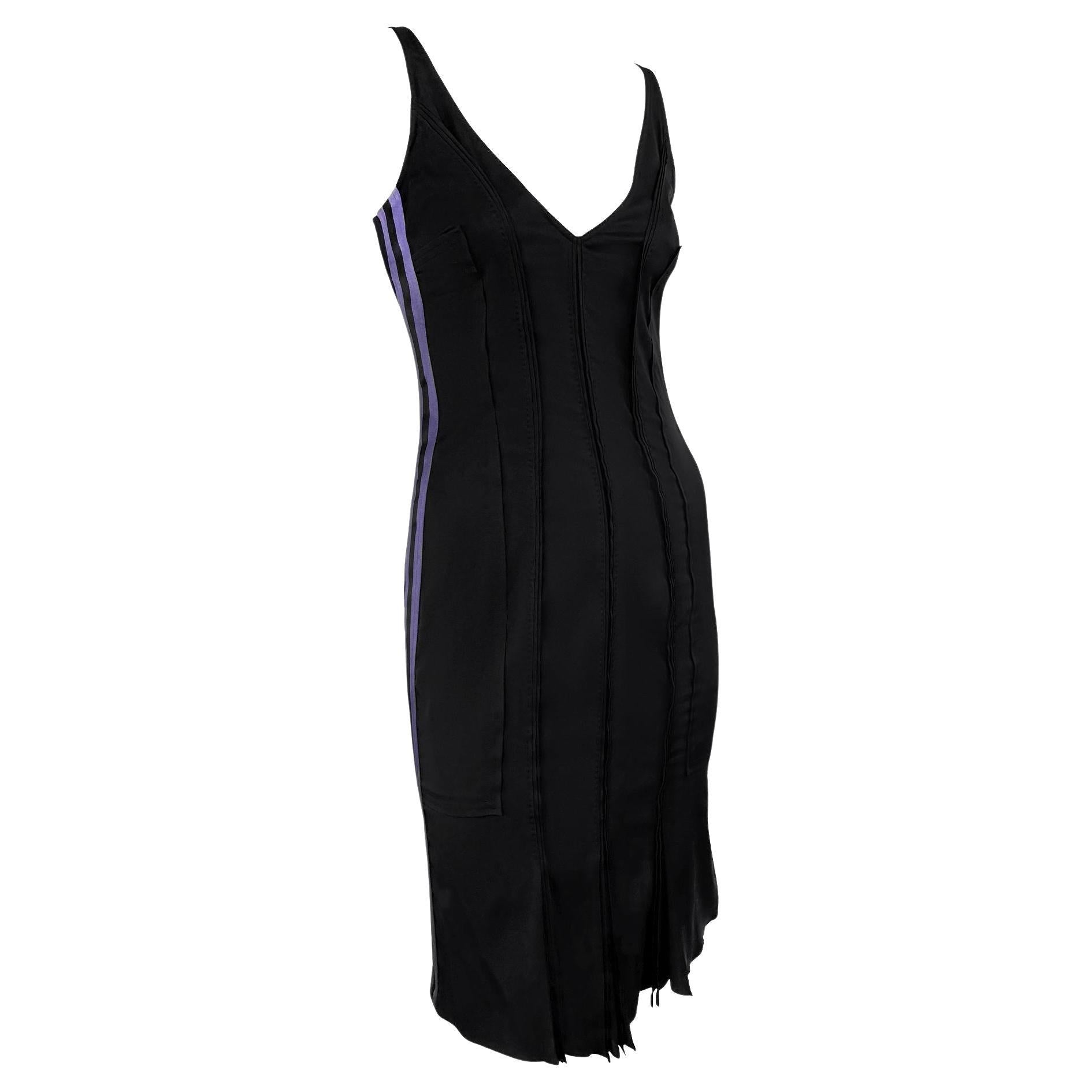 S/S 2004 Gucci by Tom Ford Purple Satin Stripe Panel Sleeveless Black Dress
