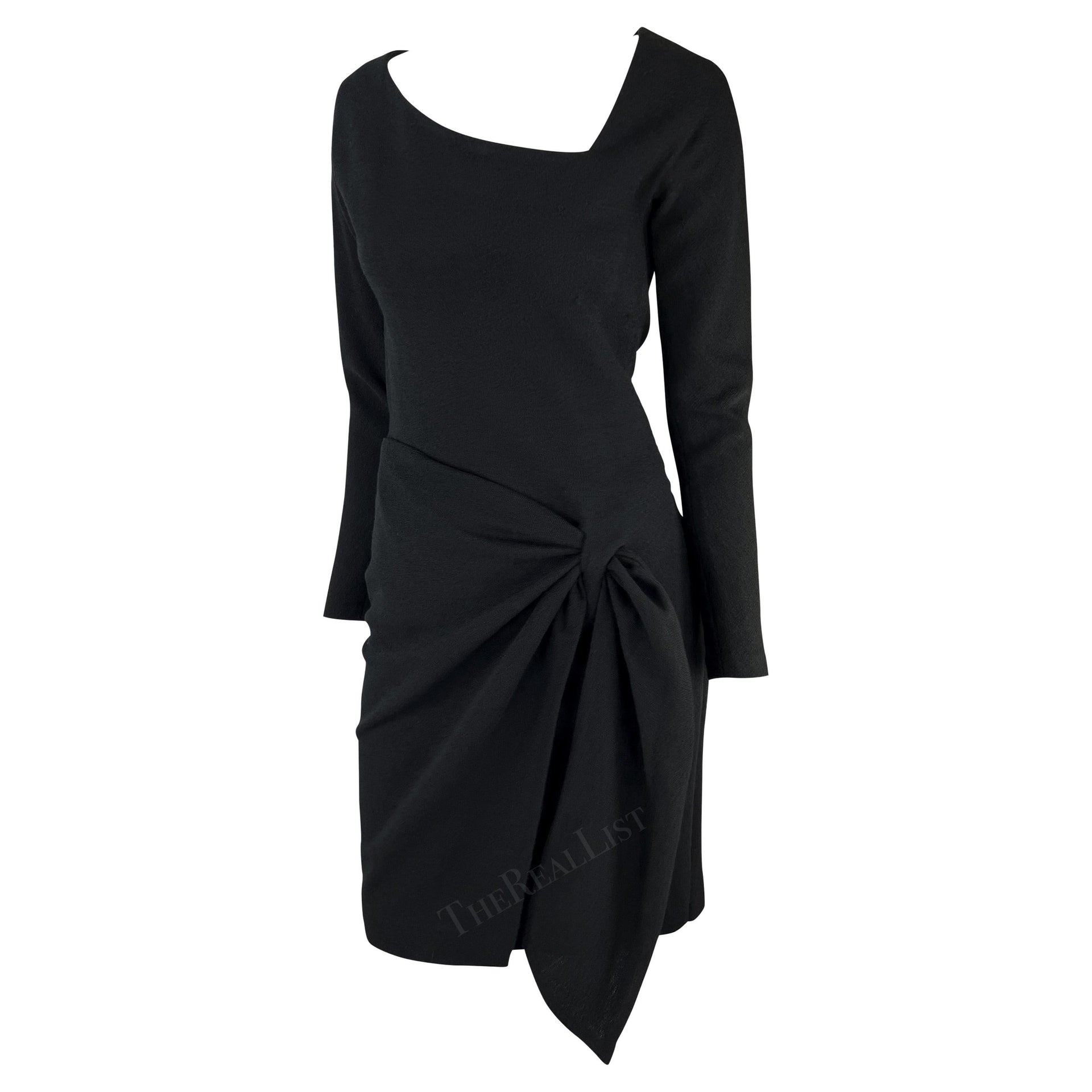 F/W 1990 Donna Karan Runway Asymmetric Black Wrap Wool Jersey Midi Dress