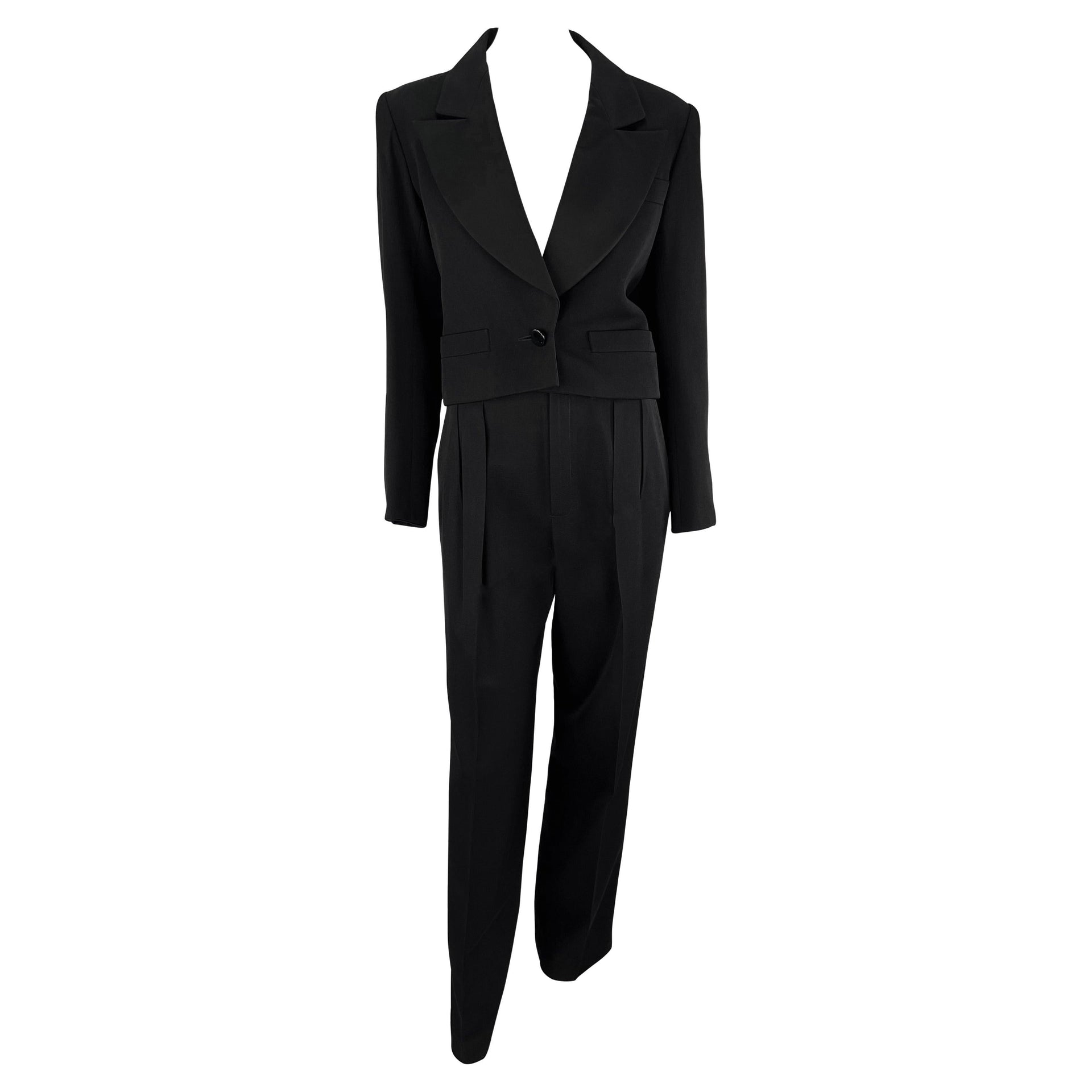 1980s Saint Laurent Rive Gauche Cropped Le Smoking Tuxedo Satin Black Pantsuit