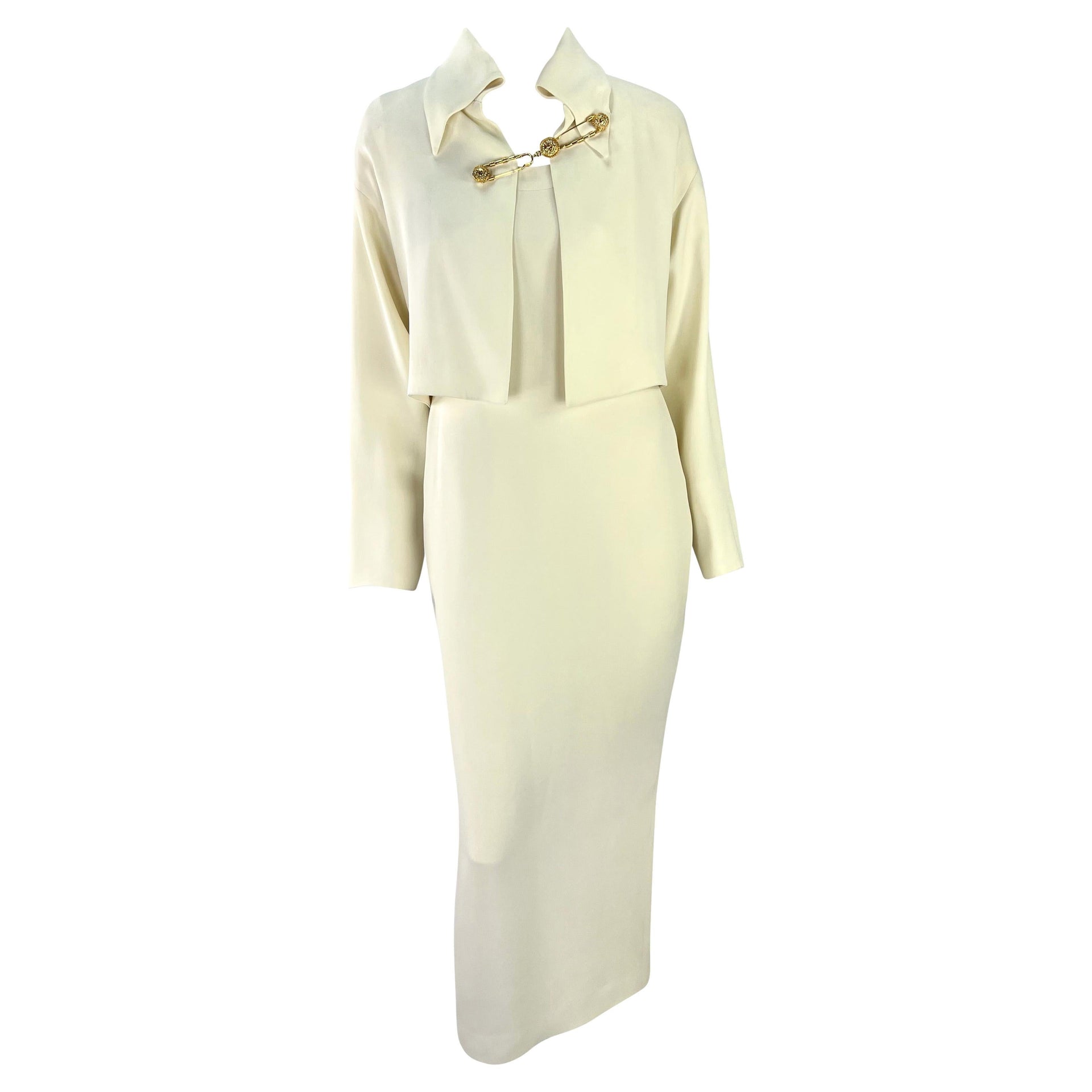 S/S 1994 Gianni Versace Off-White Medusa Safety Pin Cropped Jacket Dress Set