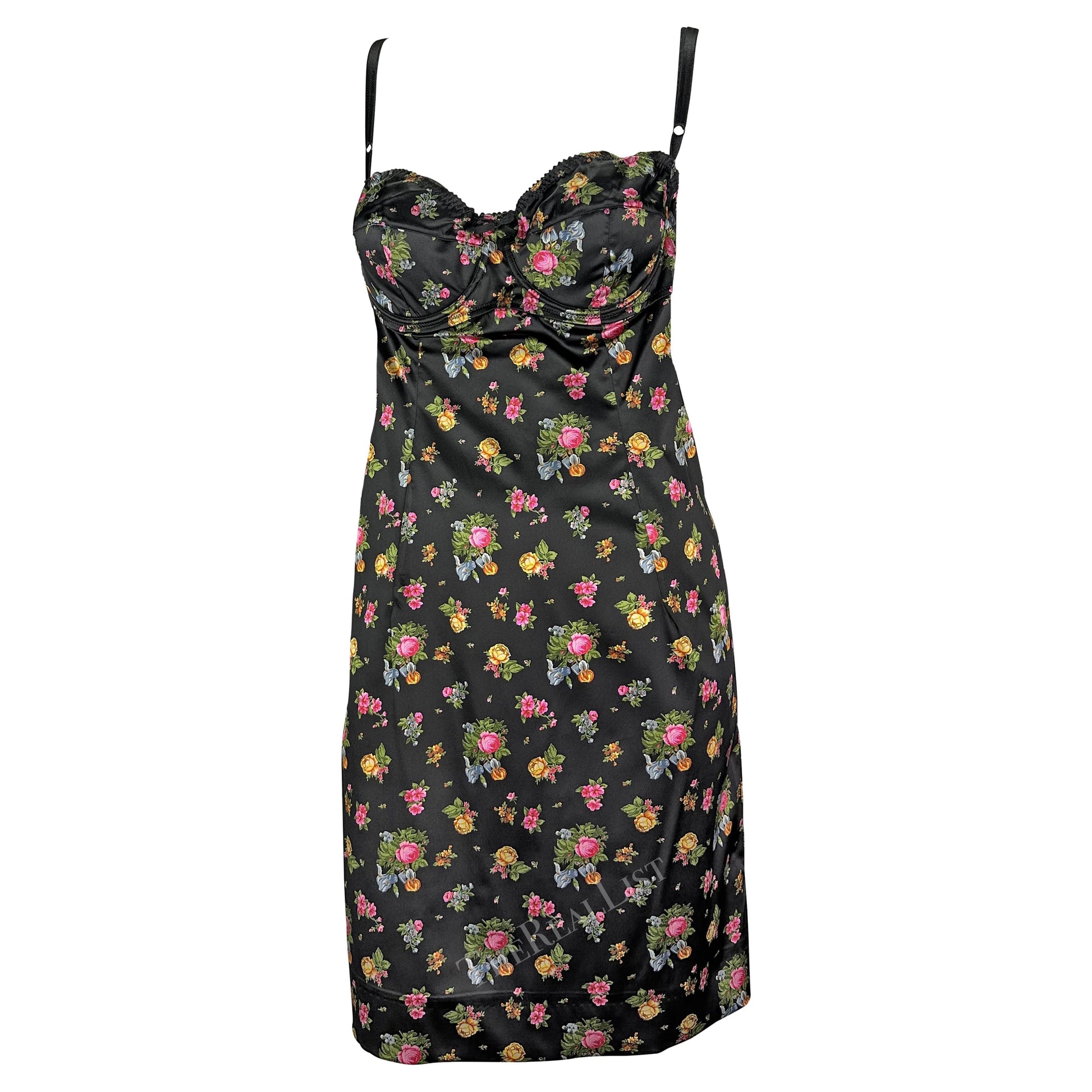 Early 2000s Dolce & Gabbana Black Floral Rose Mini Dress Y2K