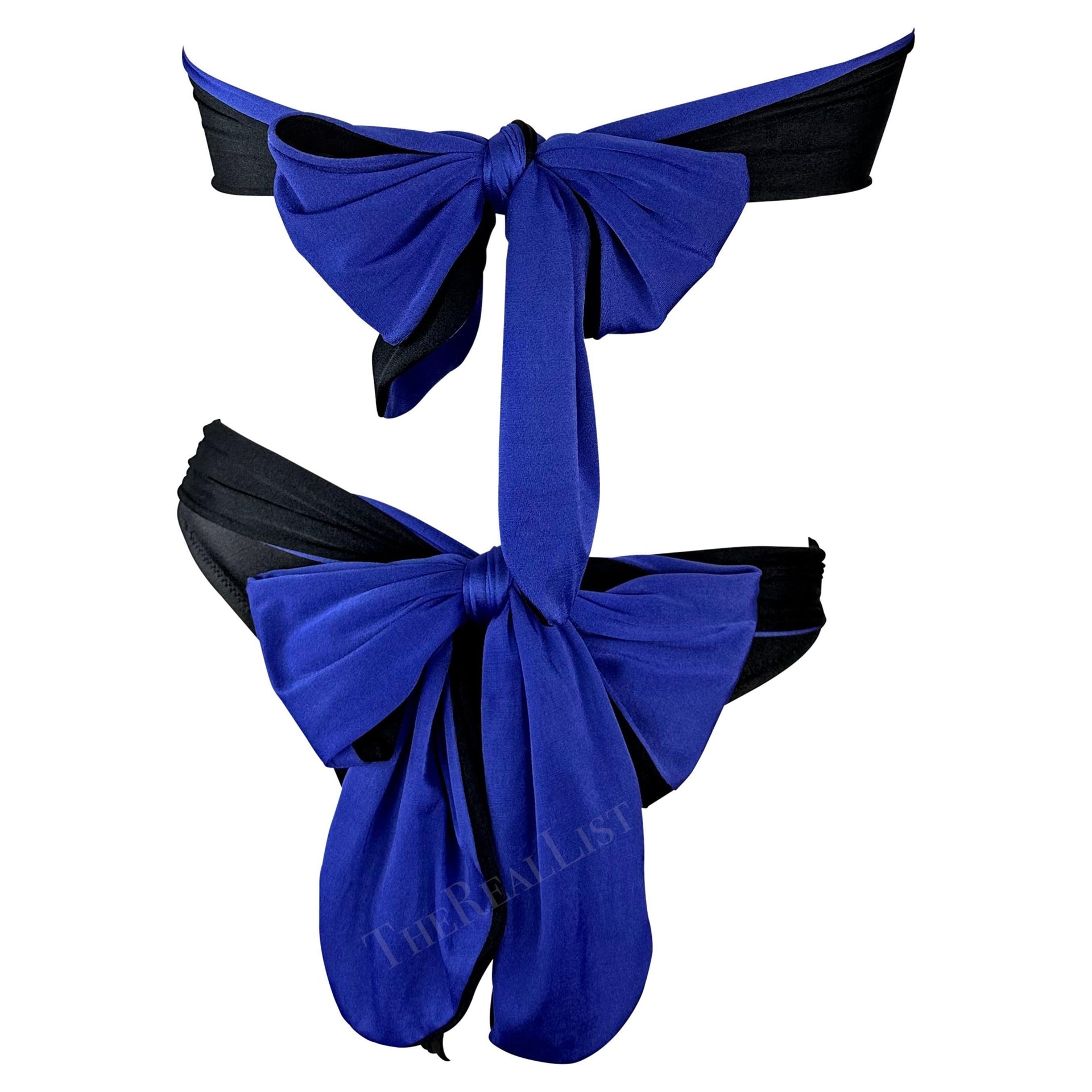 1980s Gianni Versace Blue Black Wrap Tie Strapless Two-Piece Bikini Swimsuit