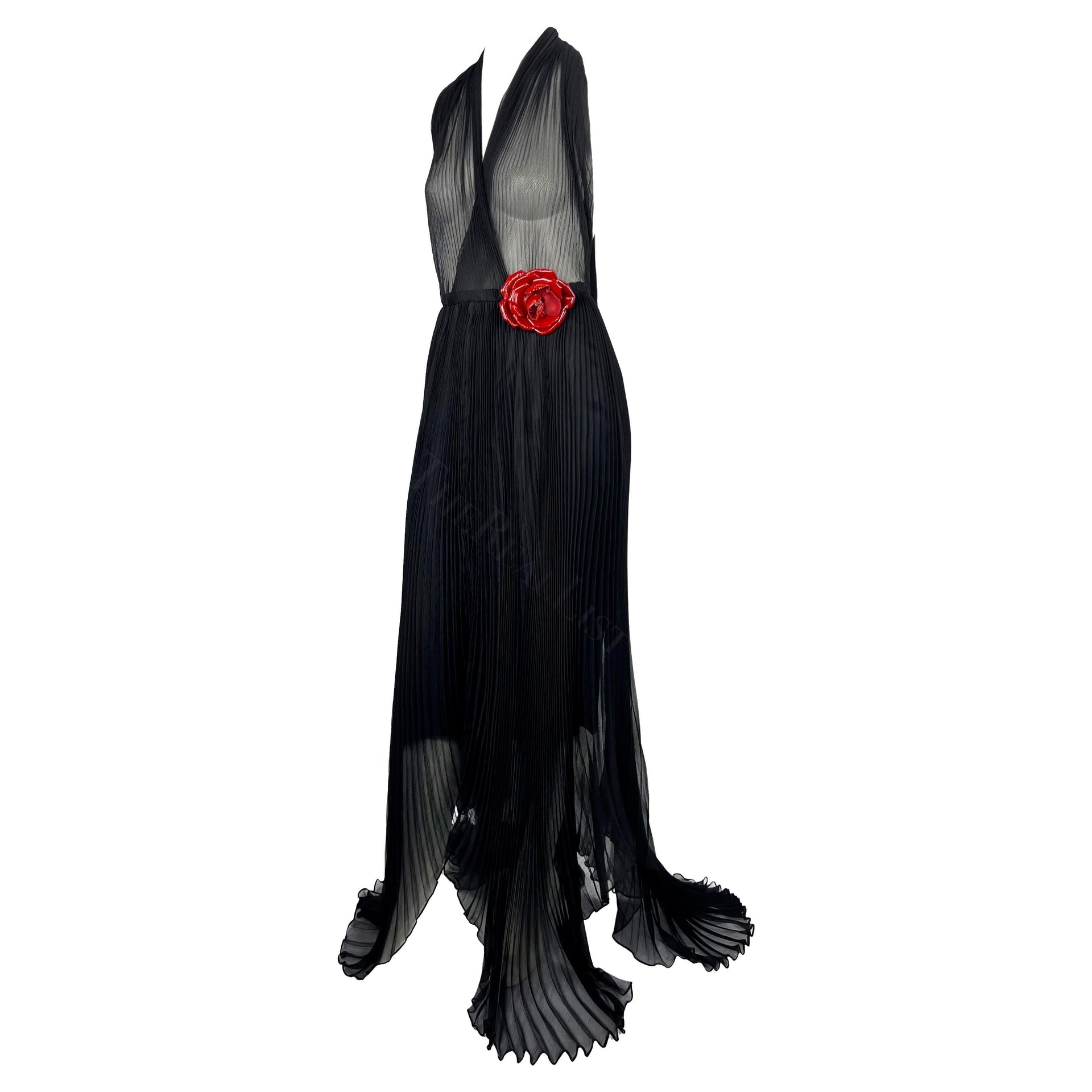 F/W 2000 Dolce & Gabbana Runway Sheer Pleated Black Halter Maxi Gown Flower