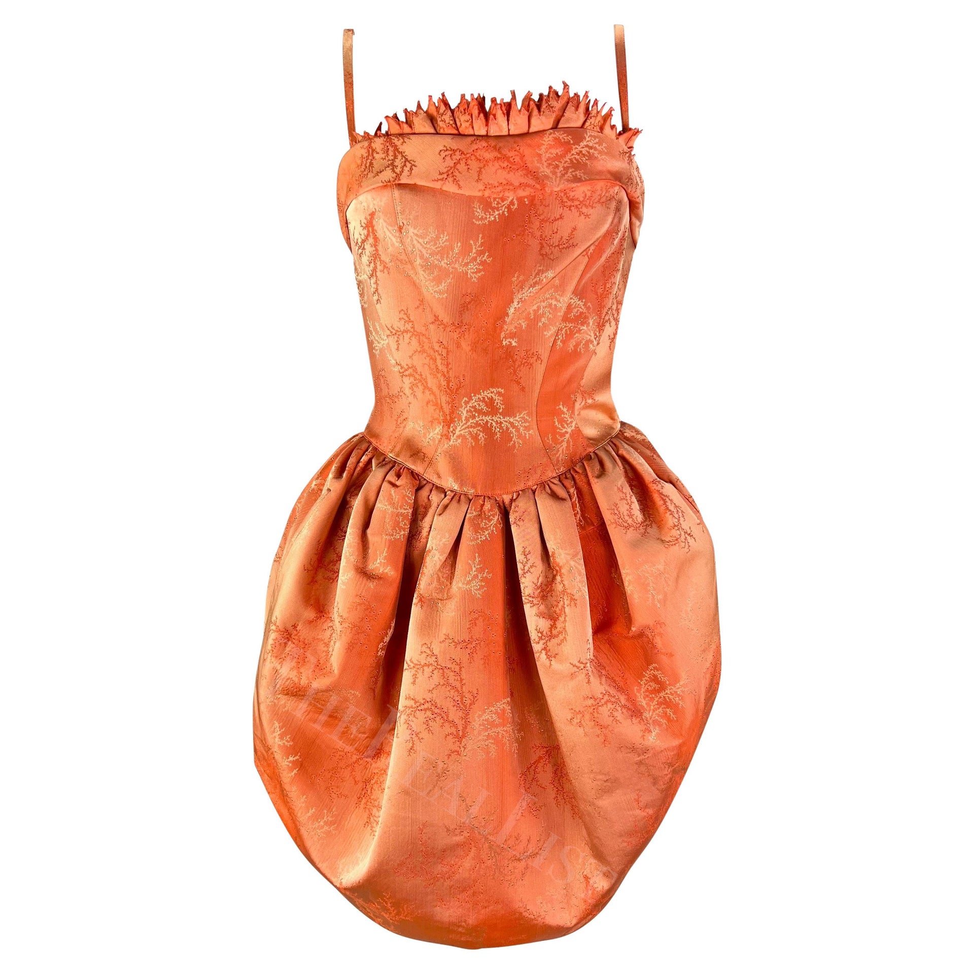 Cruise 1999 Thierry Mugler Orange Coral Jacquard Corset Boned Bubble Dress